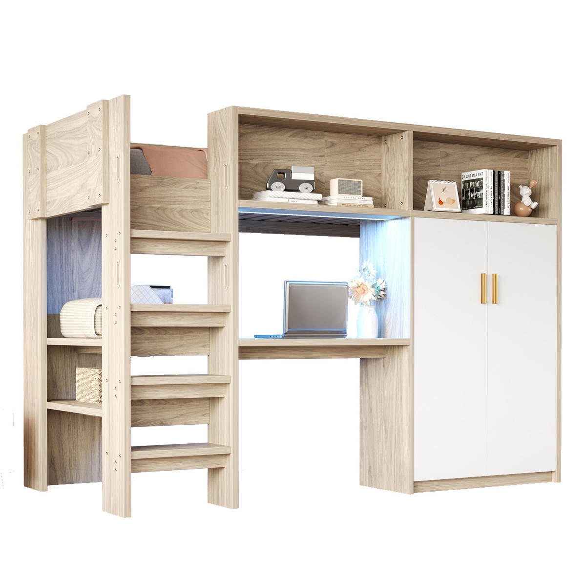 HOCHBETT aus MDF, Spanplatte und Sperrholz 90x200 cm Holzfarbe mit Schreibtisch, Kleiderschrank, Regal und LED-Beleuchtung - Naturfarben, Holzwerkstoff (90/200cm) - Modfu
