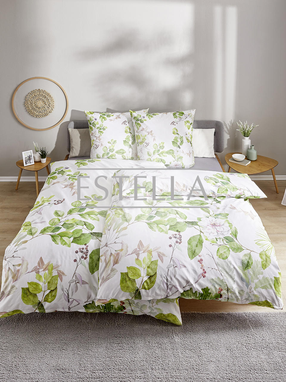 Makosatin Bettwäsche Kollektion Werbeware, grün, weiß floral von Estella