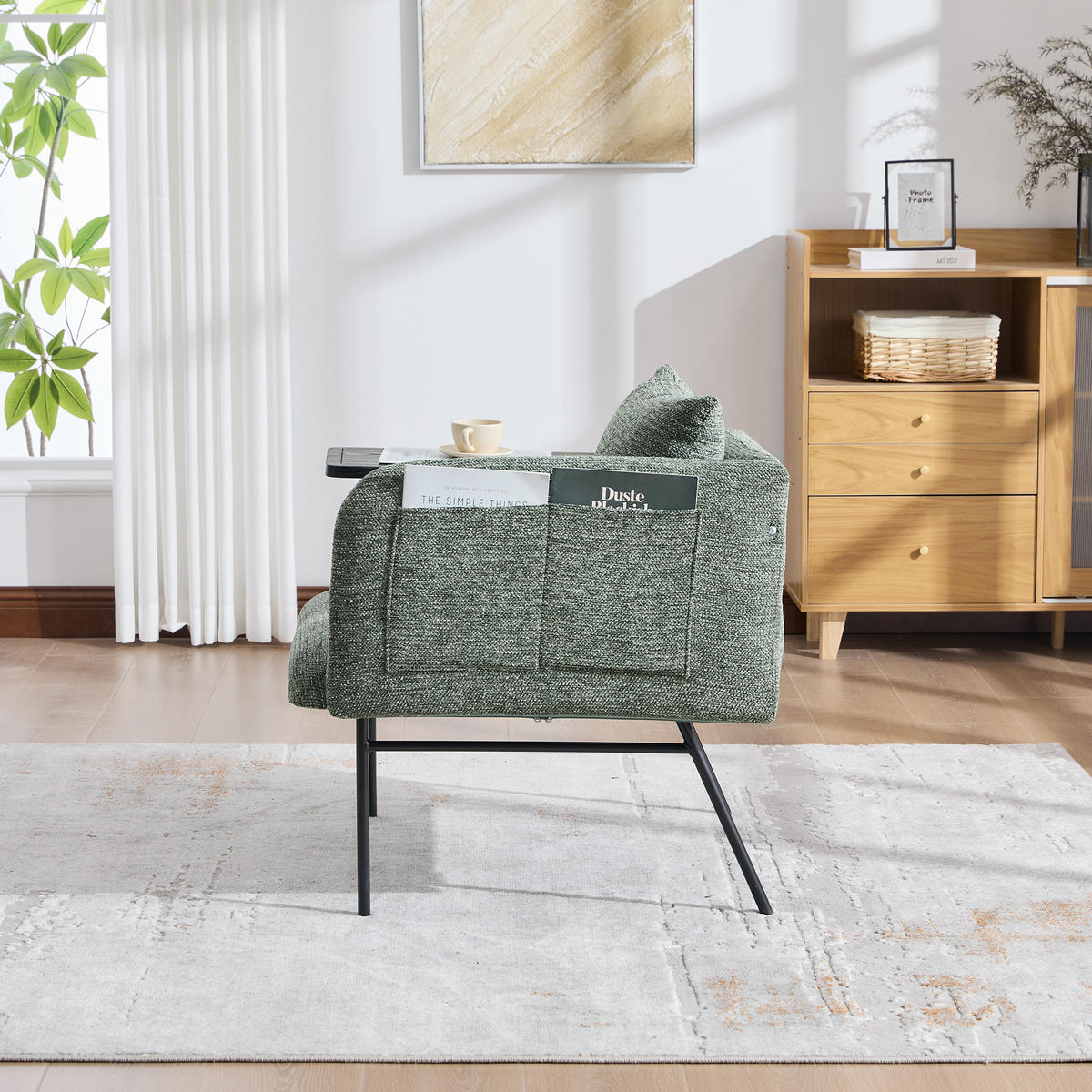 SESSEL Chenille Smaragdgrün mit Beistelltisch und Seitentaschen - Grün, Textil/Metall (86/71/72cm) - WISHDOR
