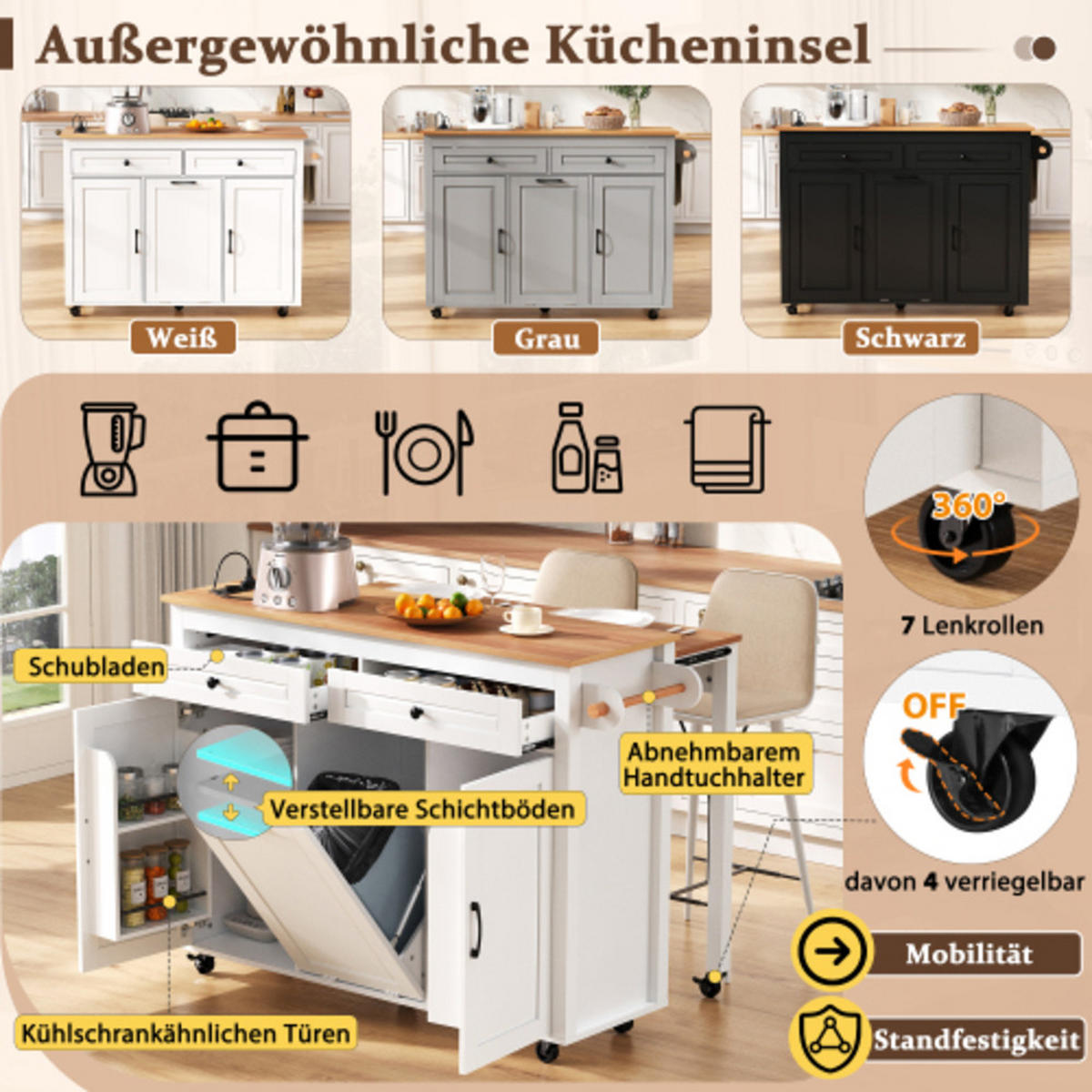 KÜCHENINSEL mit ausziehbarer Arbeitsplatte weiß 120×40-75×92 cm aus MDF - Weiß, Holzwerkstoff (120/92/75cm) - Luhomfu