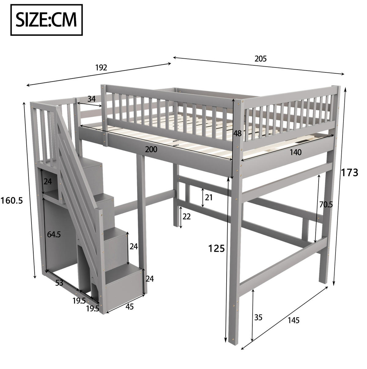 VYSOKÁ posteľ 140/200 cm sivá z dreva s úložnými schodmi a vysokou zábranou - sivá, kompozitné drevo (140/200cm) - OKWISH