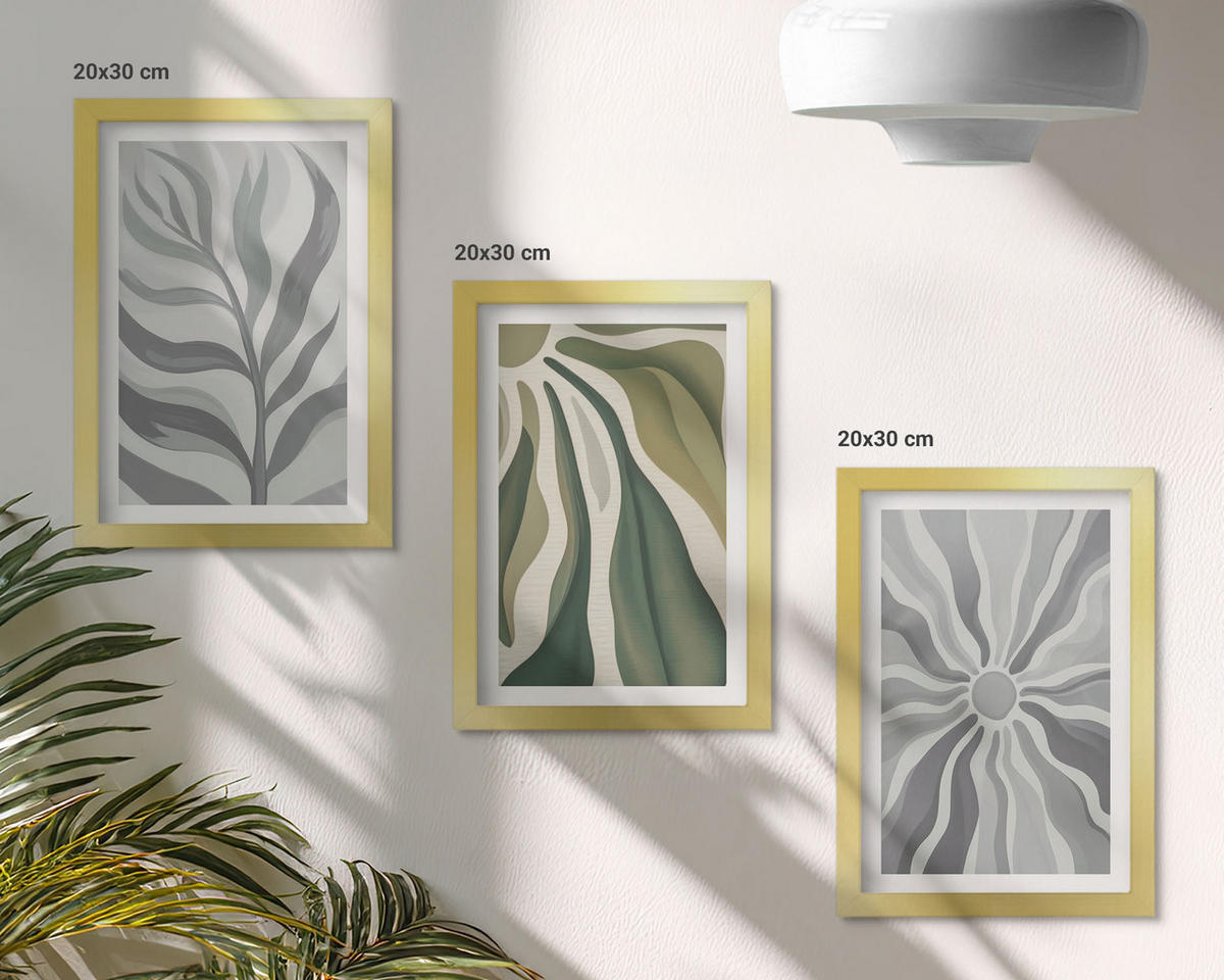 WANDBILDER 3er Set - 20x30 cm Goldrahmen - Pflanzenmuster in Grün - Goldfarben, Kunststoff (20/30cm) - ArtPrintCave