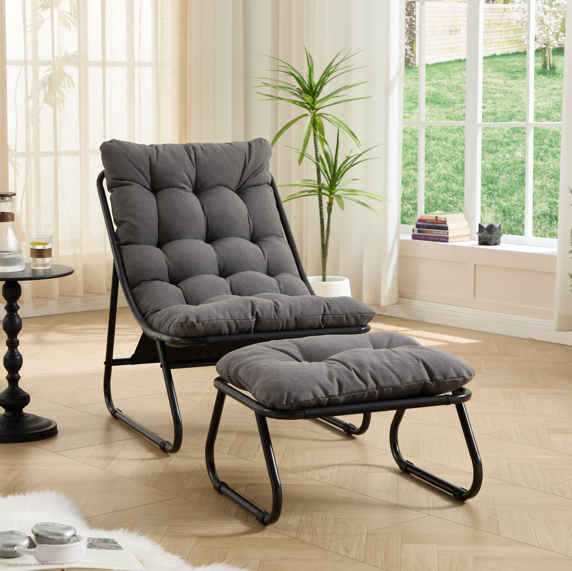 ZAHRADNÍ relaxační křeslo s podnožkou 65/78/86 cm šedočerné z oceli s polštářem - šedá, kov (66/14/82cm) - OKWISH