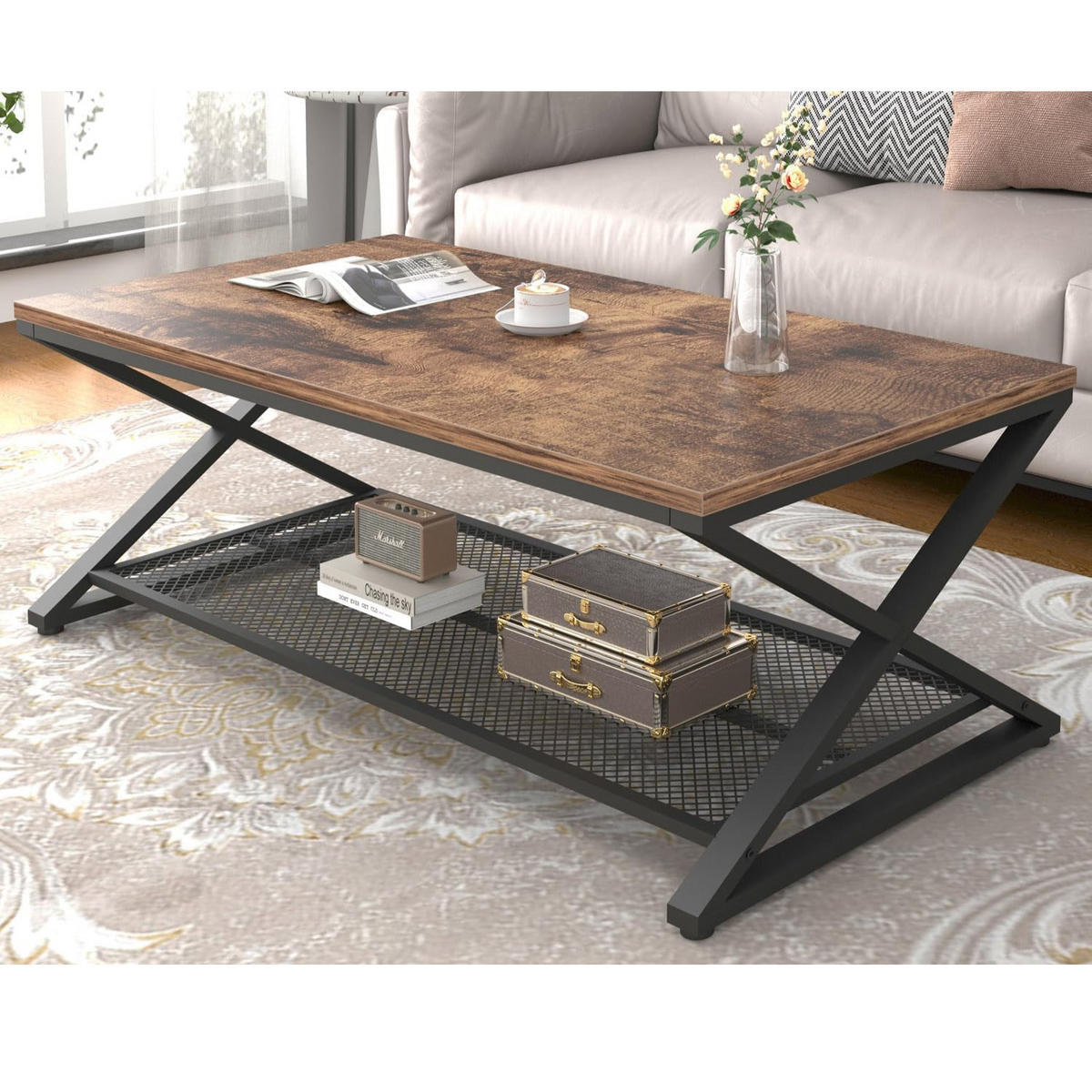 COUCHTISCH Holz Metall Industrial mit Ablage 120 x 60 x 45 cm - Wildeiche, Holzwerkstoff/Metall (60/120/45cm) - Quality Elegance