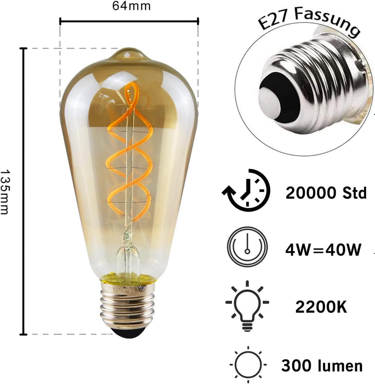 LED žárovky Ansel II 13,5/6,4/6,4 cm (balení po 3 ks) - hnědá, sklo (6.4/6.4cm) - Nettlife