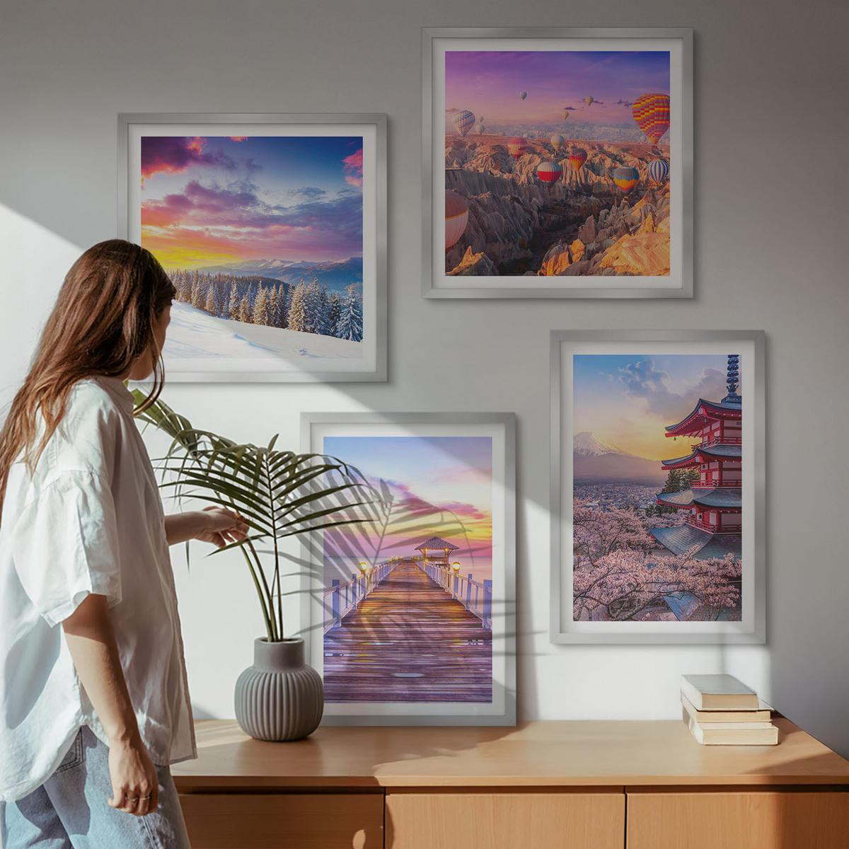 WANDBILDER 4er Set - 50x50 cm & 40x60 cm Silberner Rahmen - Romantische Himmelslandschaften - Silberfarben, Kunststoff (50/50cm) - ArtPrintCave