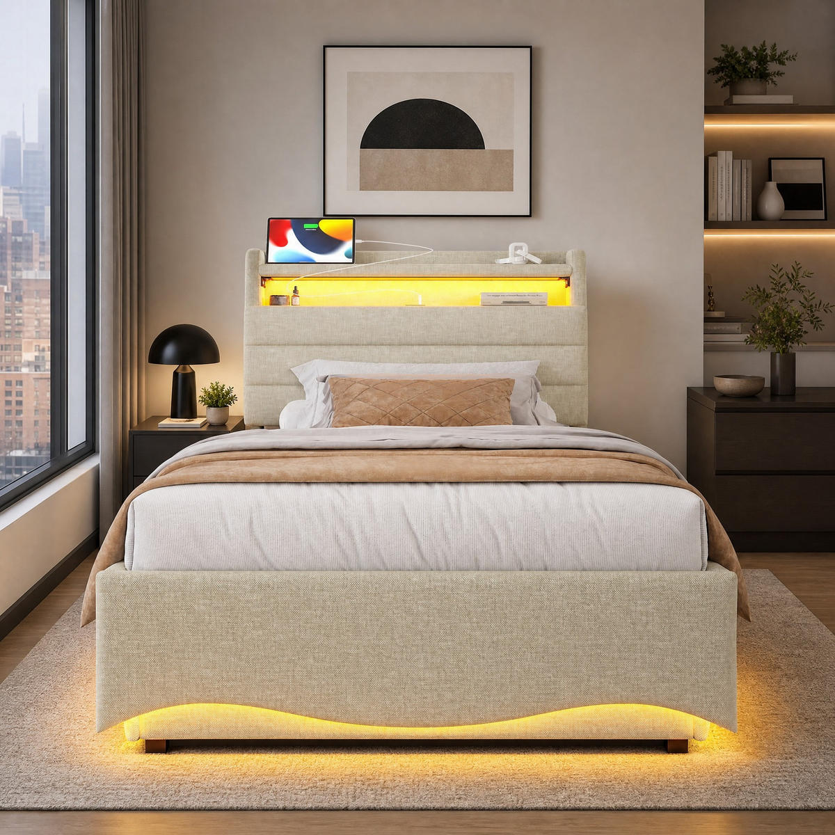 POLSTERBETT 90/200 mit Bettkasten, LED, USB/Typ-C und hydraulischem Stauraum in Beige - Beige, Holzwerkstoff/Textil (90/200cm) - EVRYAE