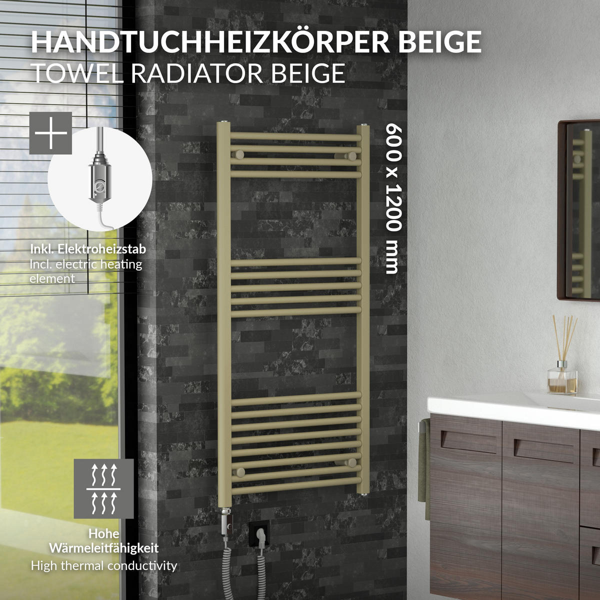 ELEKTRICKÝ RUČNÍKOVÝ VÝHŘEV 600 x 1200 mm, béžový, rovný koupelnový výhřev s bočním připojením a topným tělesem 600 W - béžová, kov (60/120/3cm) - LuxeBath