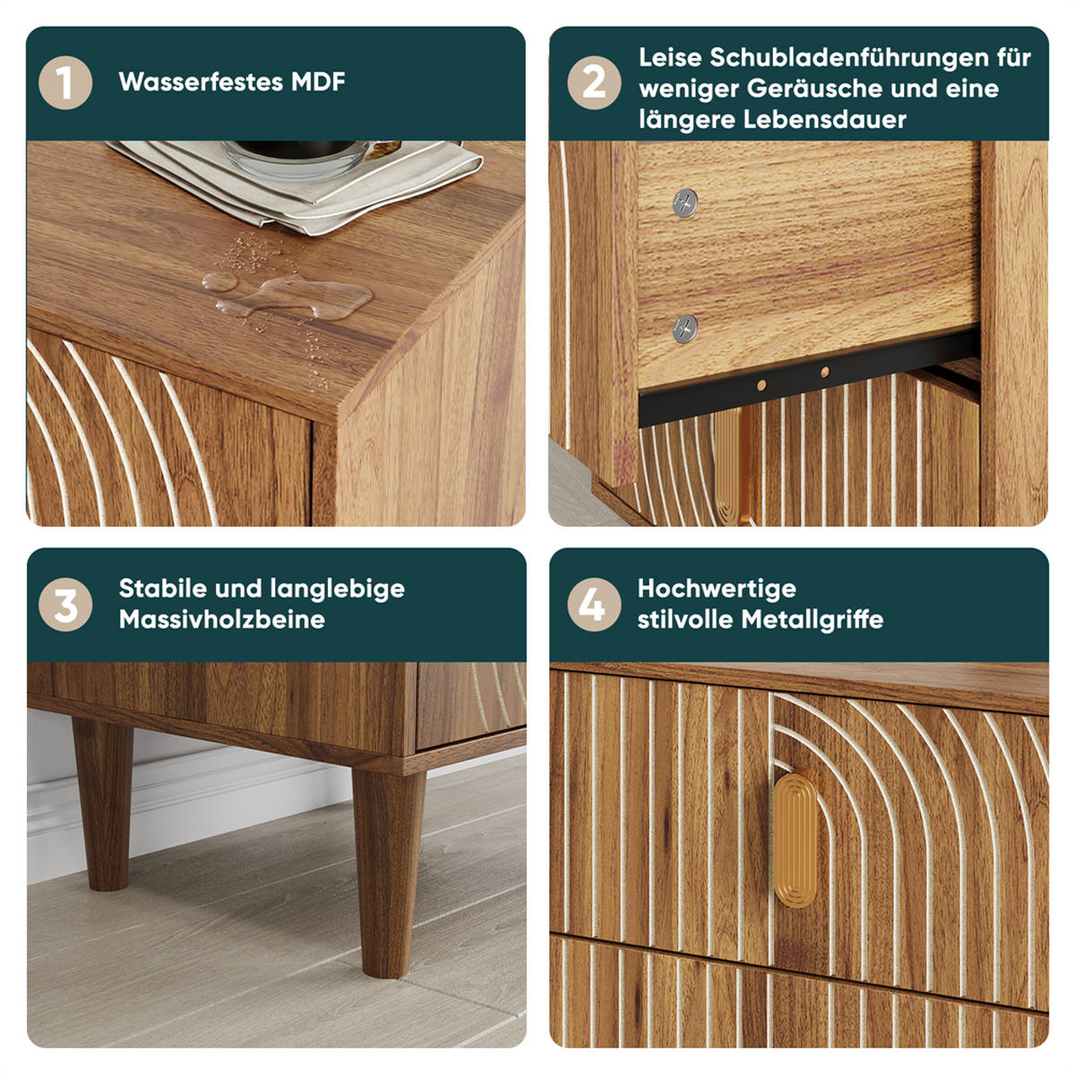 NACHTTISCH mit 2 Schubladen - Stilvollen Metallgriffen & Stabilem Massivholzbeine - für Schlafzimmer & Wohnzimmer - Walnussfarben, Holzwerkstoff (38/56/48cm) - DELFA