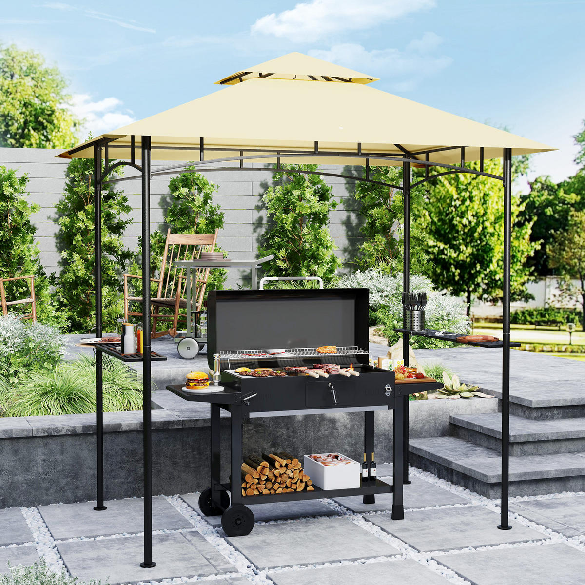 GRILLPAVILLON aus Metall und Polyester, Beige - Beige, Metall (150/258/240cm) - Outsunny