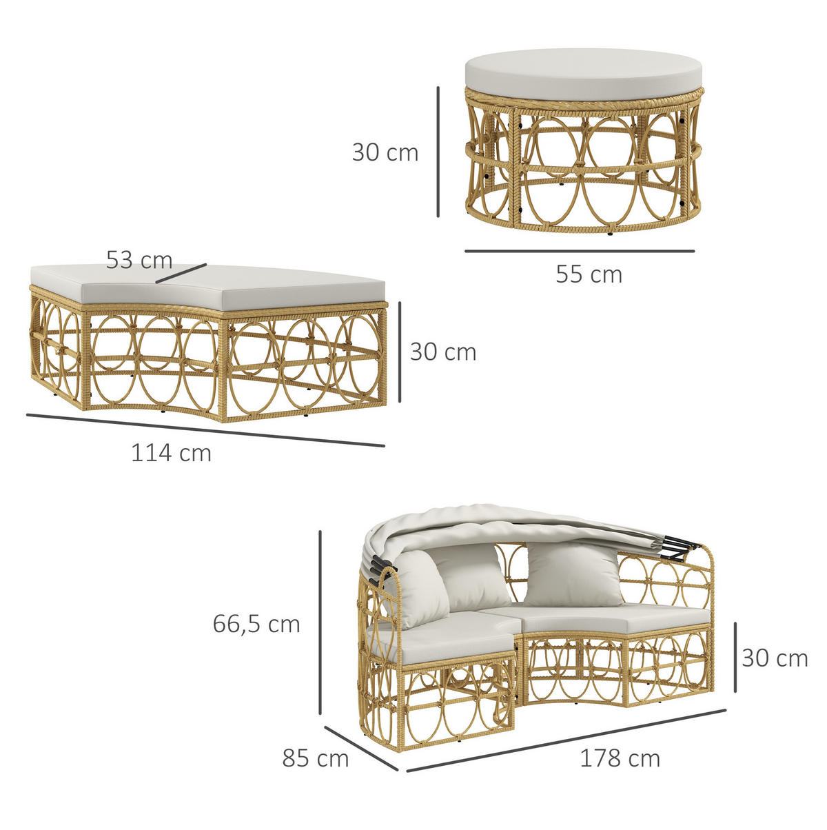 ZAHRADNÍ sedací souprava z umělého ratanu 178x85x66,5 cm krémově bílá se stříškou, 2 taburety a stolkem - bílá, přírodní materiály - Modfu
