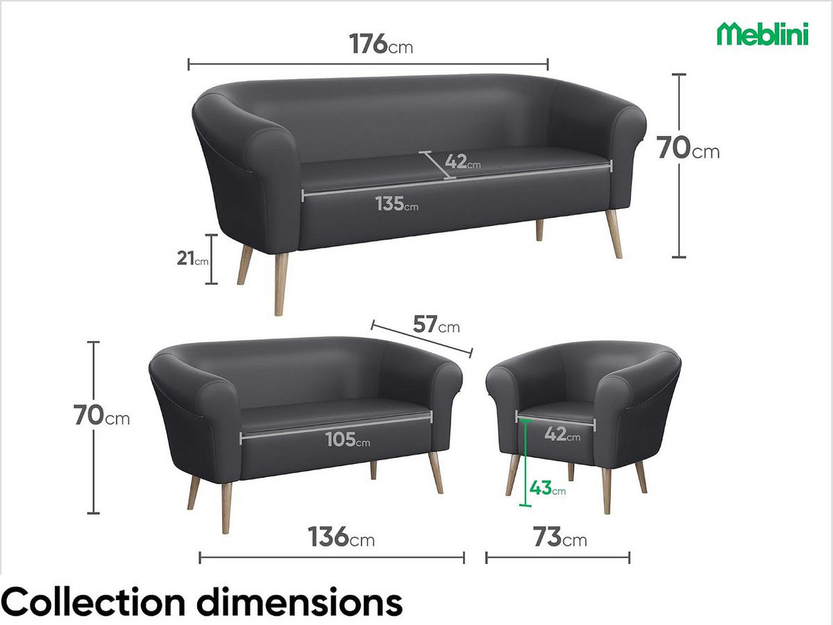 SOFA Emilia (3-Sitzer) - Buchefarben/Grau, Holzwerkstoff/Buchenholz (176/70/57cm) - Meblini