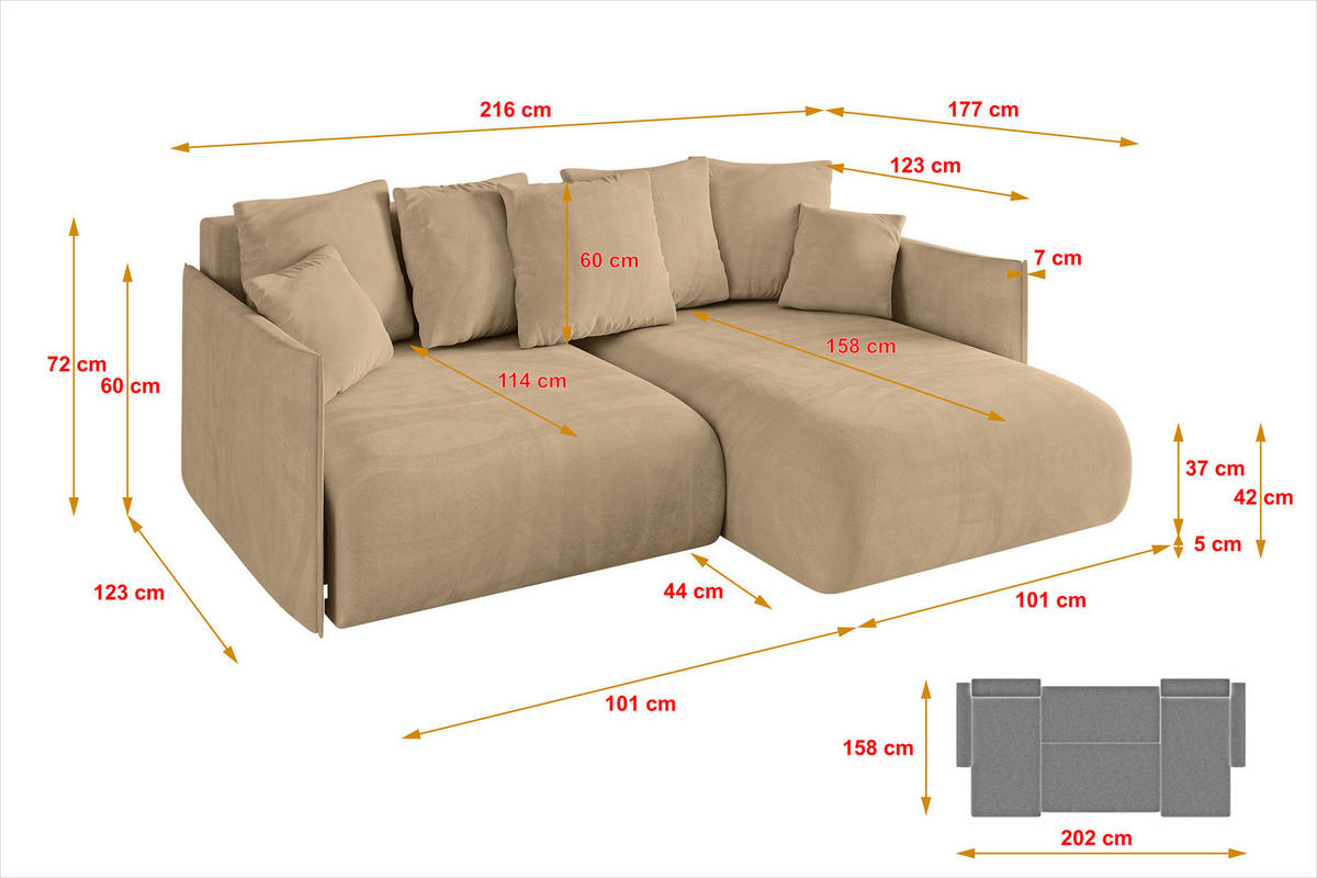 ECKSOFA Ottomane rechts ONESK-L 216x177x72 Beige Velours - Beige, Holzwerkstoff/Kunststoff (177/216cm) - ALTDECOR