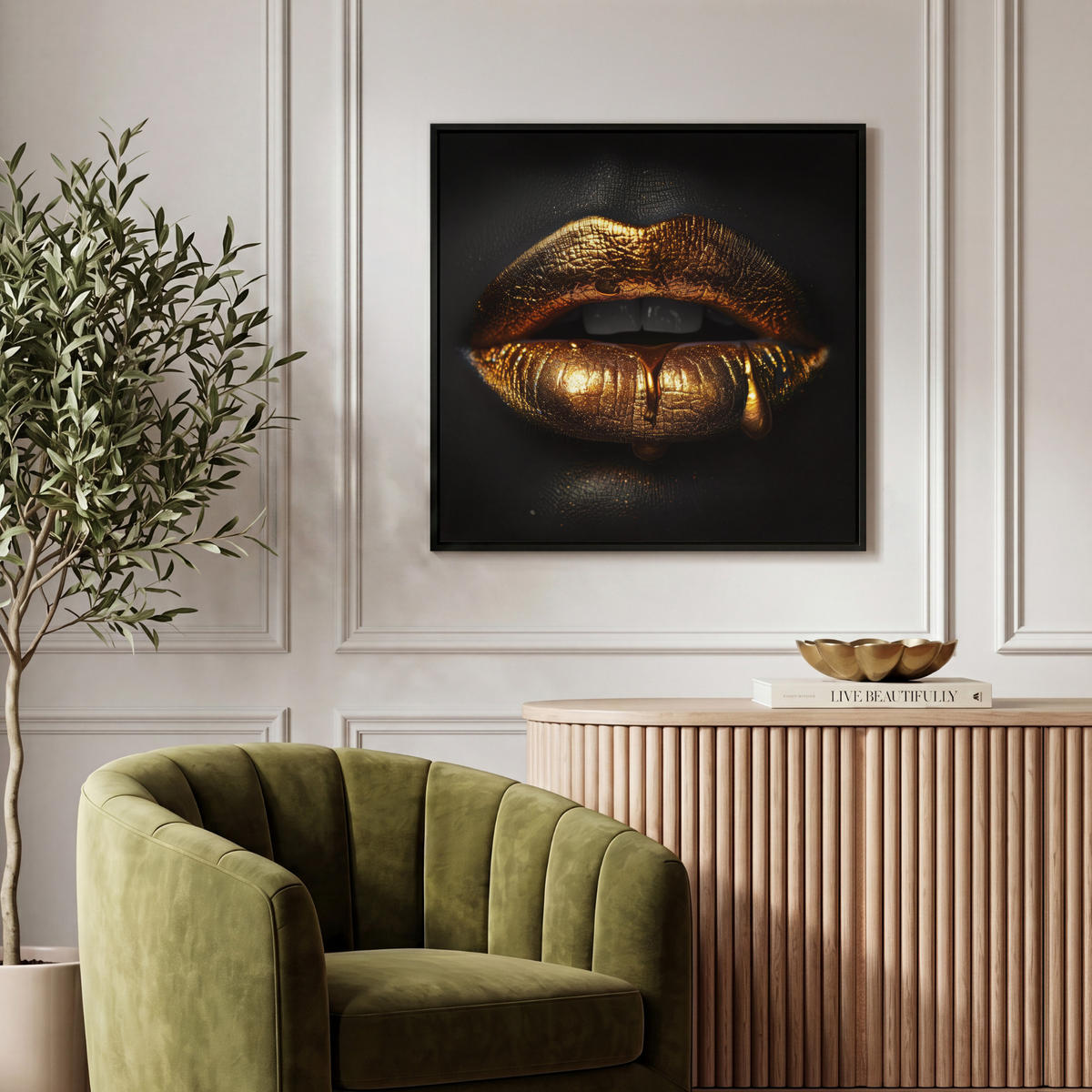 LEINWAND Bilder mit Rahmen - Frau - Porträt - Lippen - Gold - Schwarz - 50x50 - Schwarz, Textil (50/50cm) - MuchoWow