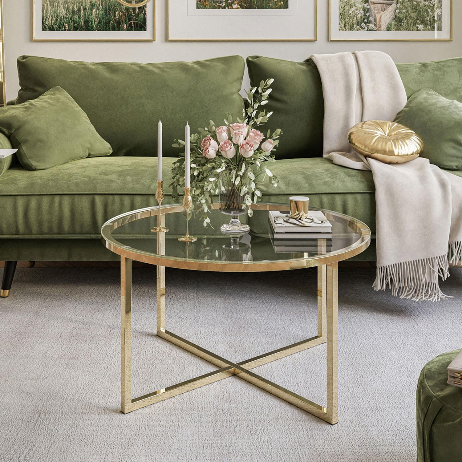 COUCHTISCH CIRI-X mit Glasplatte und goldener Basis - Goldfarben, Glas (70/70/44.4cm) - Lookway