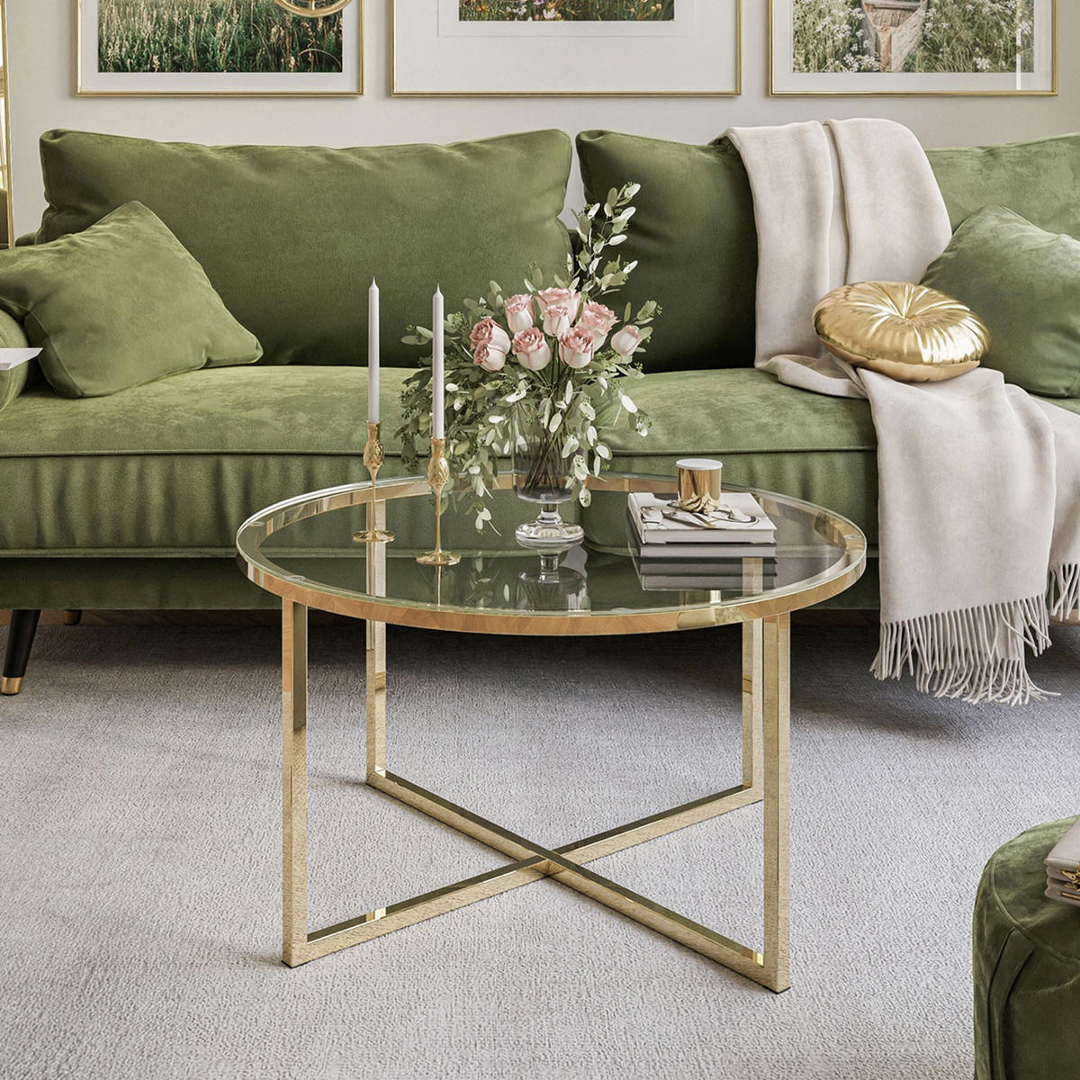 COUCHTISCH CIRI-X mit Glasplatte und goldener Basis - Goldfarben, Glas (70/70/44.4cm) - Lookway