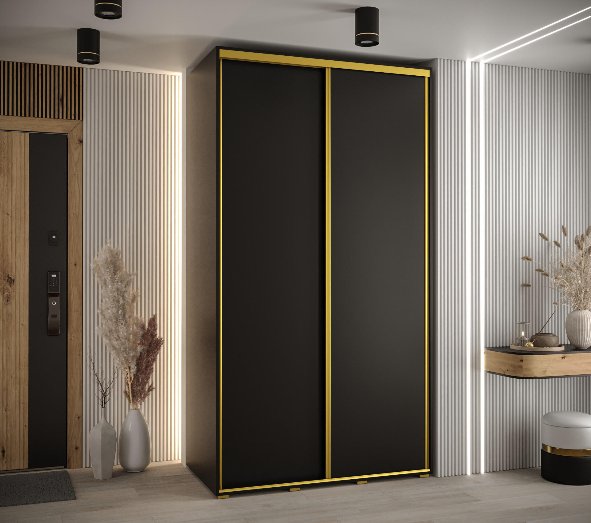 SCHWEBETÜRENSCHRANK 235,2/130/60 2-türig - Goldfarben/Schwarz, Holz/Metall (130/235/60cm) - Abiks Möbel