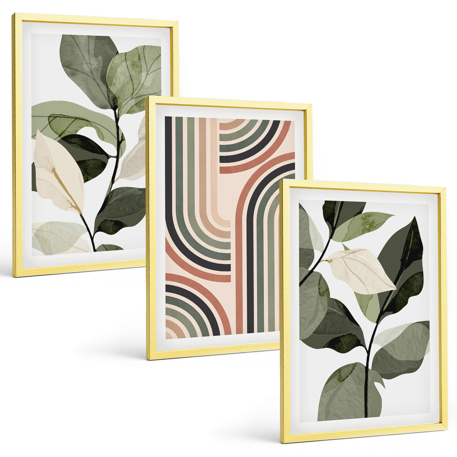 BILDER SET 3er Set - 40x60 cm Goldrahmen - Geometrische Pflanzenmotive - Goldfarben, Kunststoff (40/60cm) - TULUP
