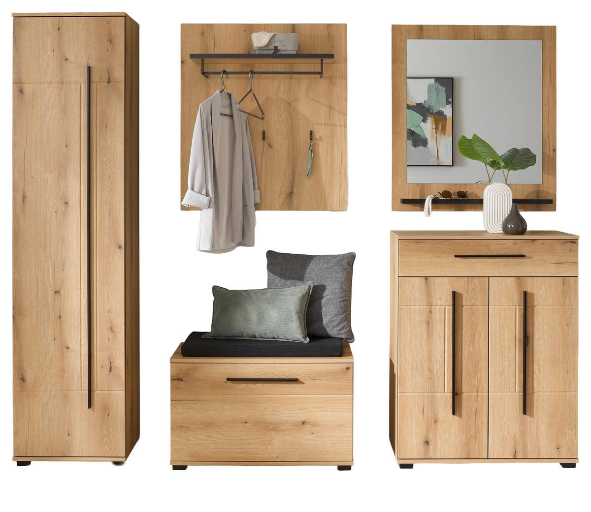 GARDEROBEN-SET Evoke Eiche 6-teilig 230 cm, Flurgarderobe mit Soft-Close - Eichefarben/Dunkelgrau, Glas/Holzwerkstoff (230/200/40cm) - Furn.Design