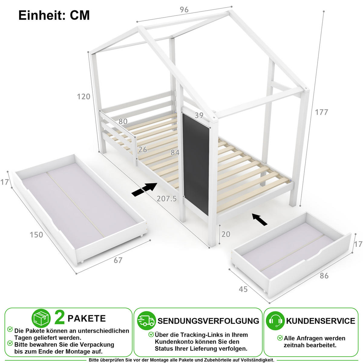 HAUSBETT 90/200 cm in Weiß mit Tafel und 2 Schubladen aus Massivholz - Weiß, Holz/Holzwerkstoff (90/200cm) - CHICFURN