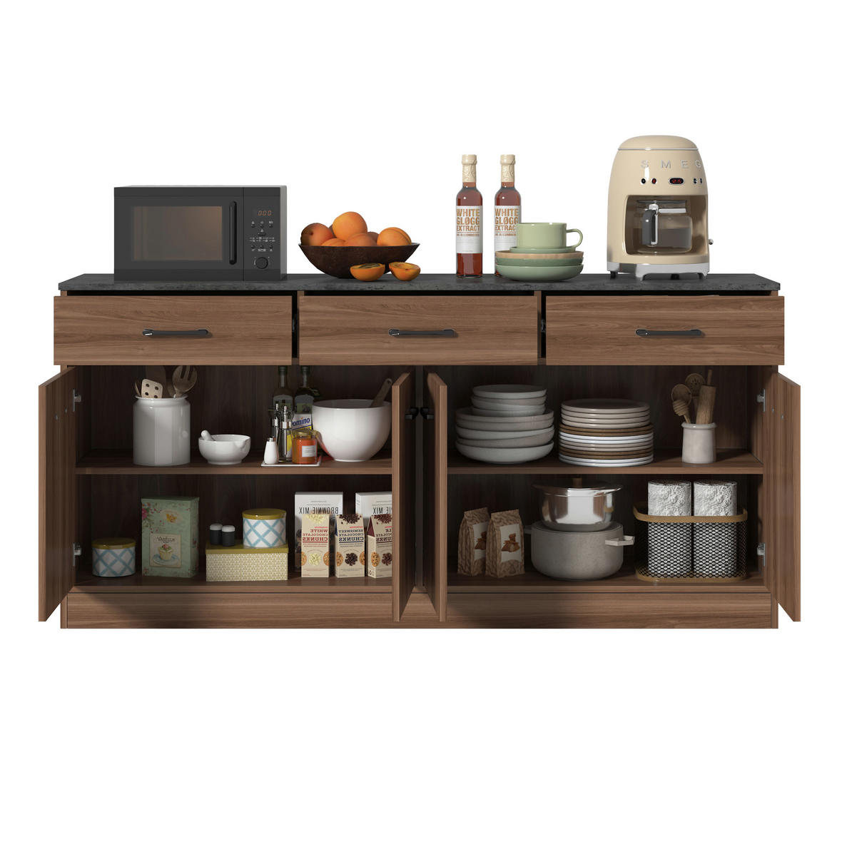 SIDEBOARD DE-38864 160/37/76,5 cm 3 Schubladen und verstellbare Böden Walnuss - Walnussfarben, Holzwerkstoff (160/76.5/37cm) - ComfortXL