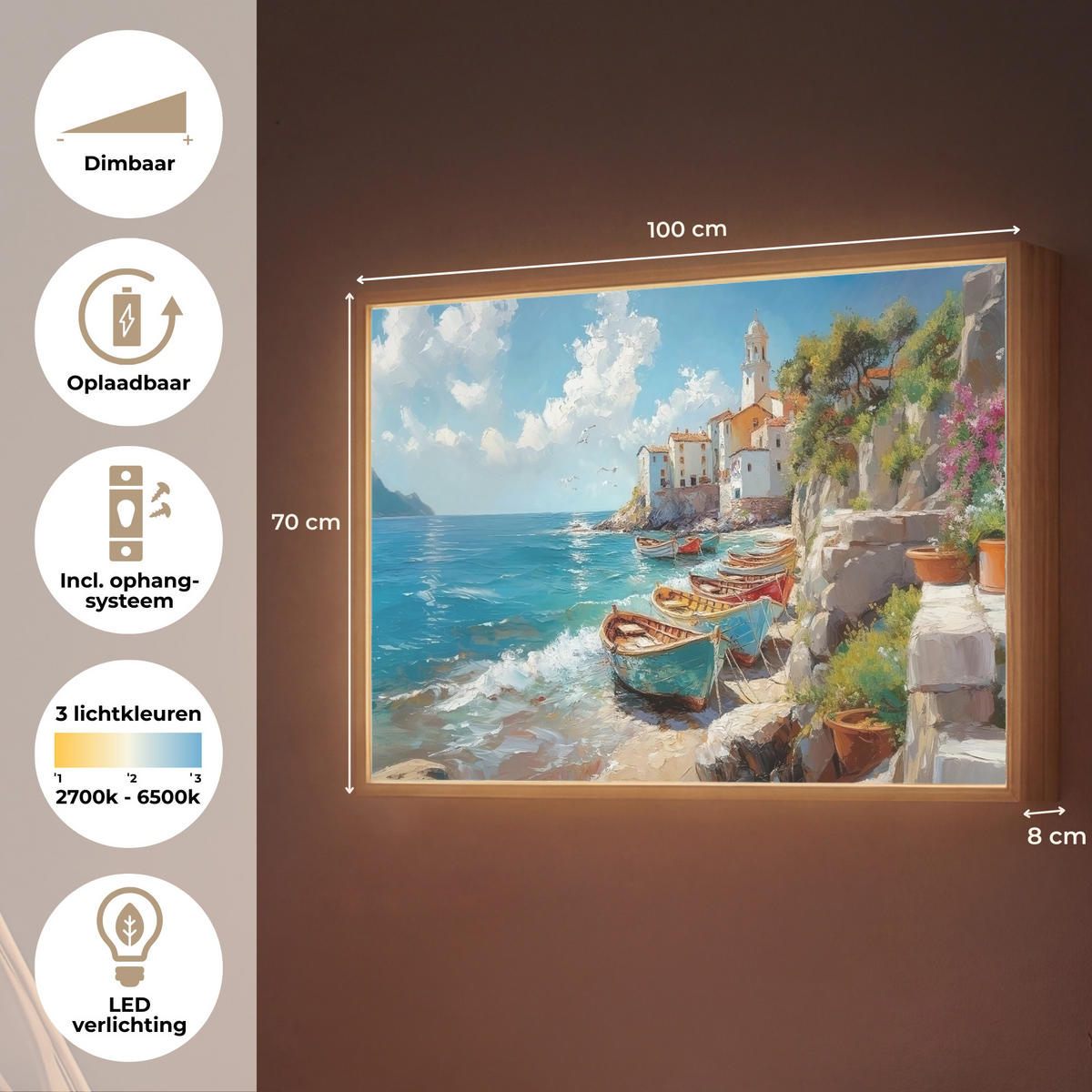 NÁSTĚNNÁ LAMPA S AKUMULÁTOREM Lodě - skály - moře - slunce 100x70 cm - modrá, kompozitní dřevo (100/70/8cm) - OnlyWow