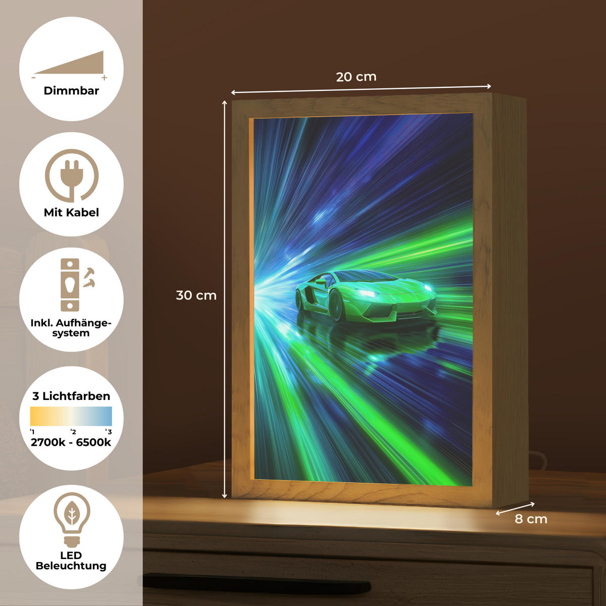 NACHTTISCHLAMPE Geschwindigkeit - Leicht - Sportwagen - Grün 20x30 cm - Grün, Holzwerkstoff (8/20/30cm)