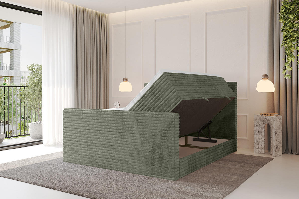 BOXSPRINGBETT mit Matratze H3|H4 und Lattenrost - TOLO-Z KING-v1 200x200 Cord - Olive - Olivgrün, Holzwerkstoff (200/200cm)