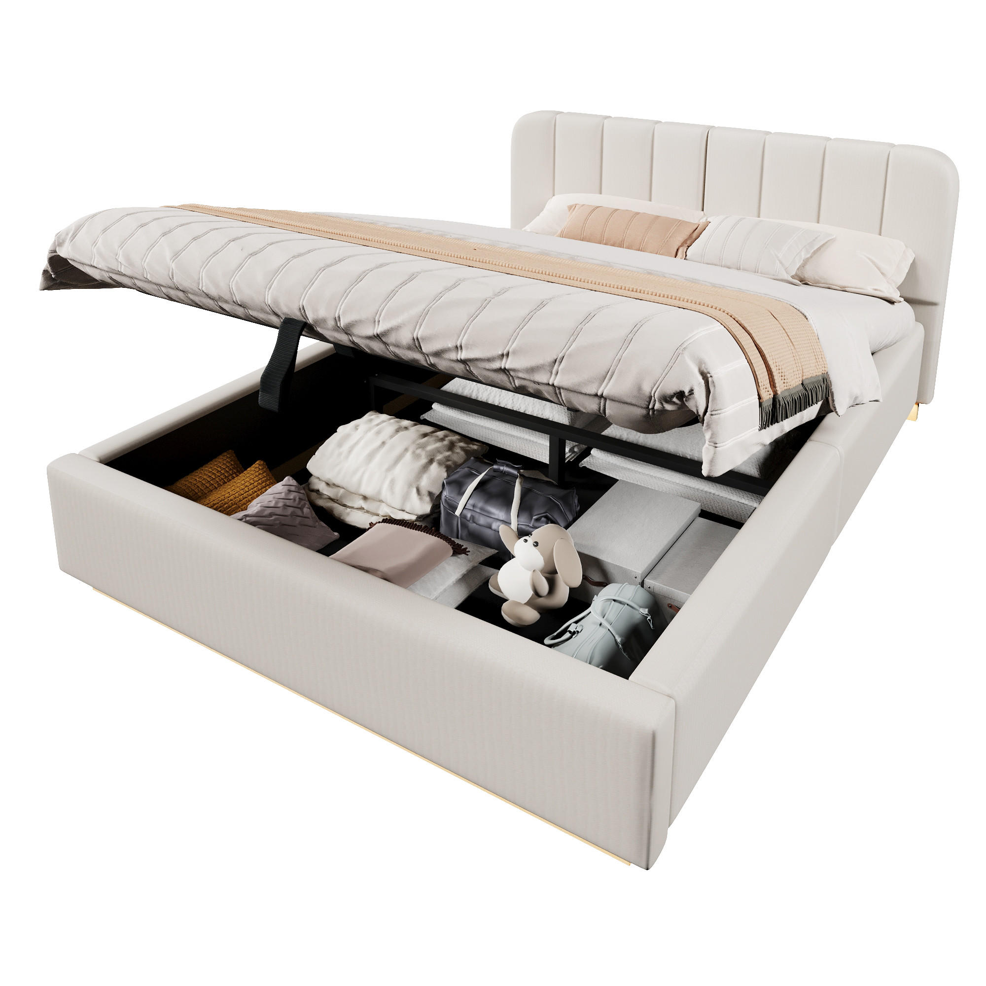 POLSTERBETT 140x200cm Lattenrost Hydraulik LED Chenille Beige - Beige, Holzwerkstoff (140/200cm) - FLIEKS