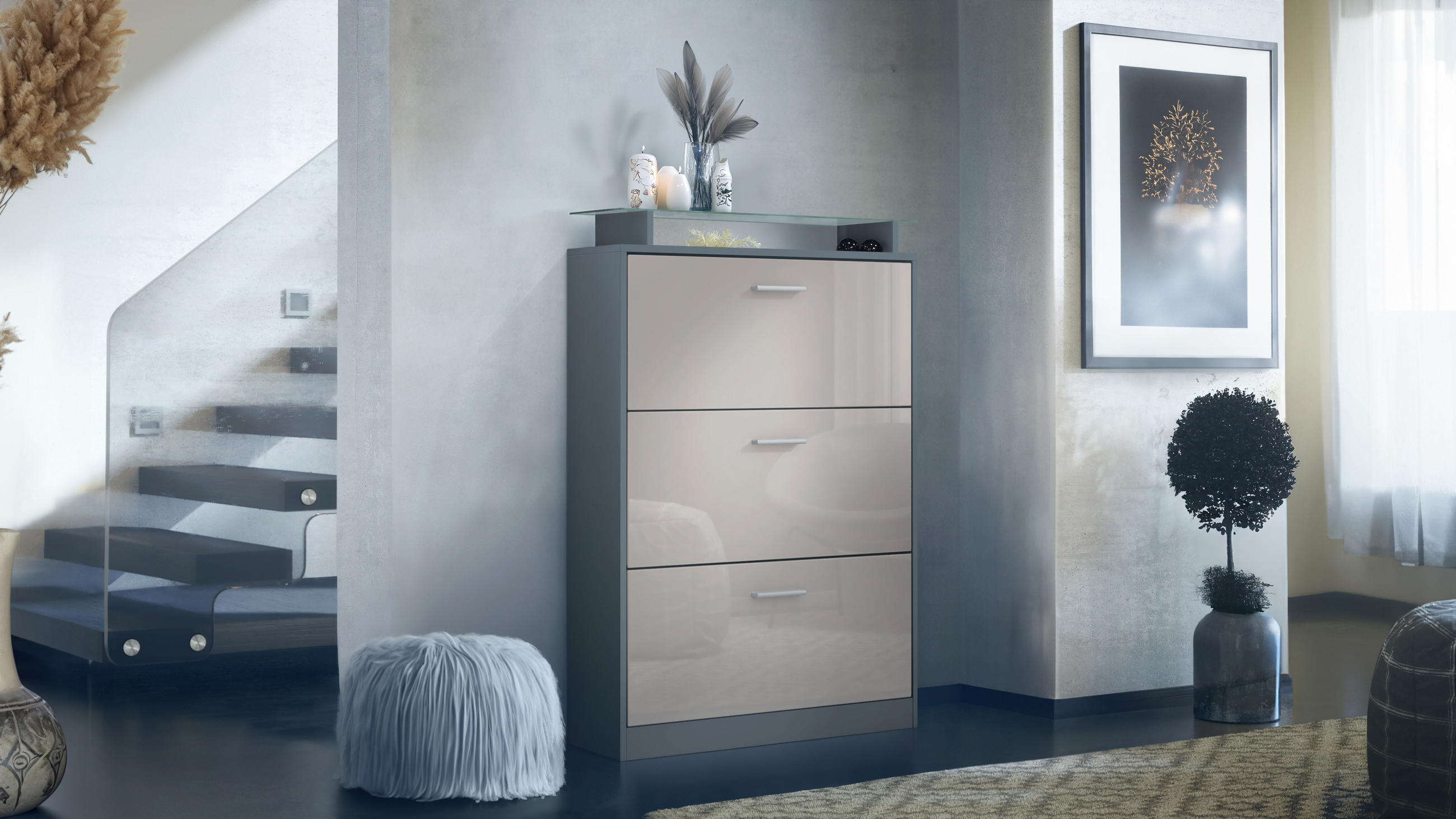 SCHUHSCHRANK Lavia Front in Sandgrau Hochglanz - Sandfarben, Holzwerkstoff (89/128/23cm) - Vladon