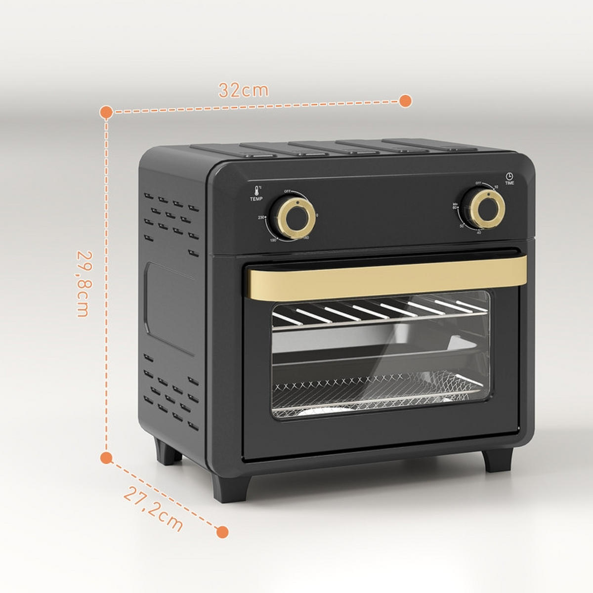 MINIBACKOFEN 10L mit Umluft & Heißluftfritteuse, Mini Ofen mit Timer, Innenbeleuchtung und mehreren Funktionen, Schwarz - Schwarz, Metall (32/29.8/27.2cm) - Beaface