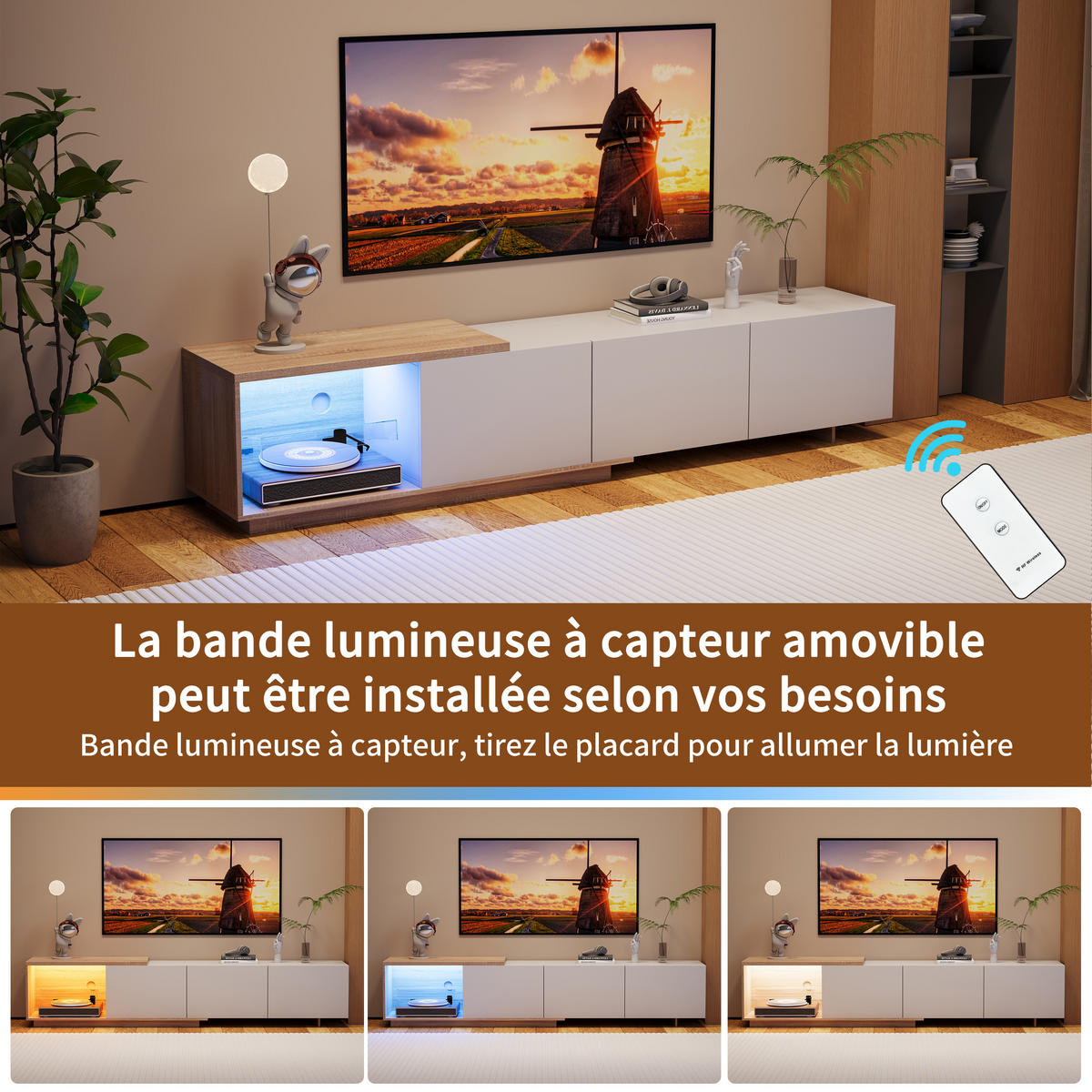 TV-SCHRANK 163–240 cm Ausziehbar LED-Licht Schubladen Stauraum Weiß-Holzoptik - Weiß, Holzwerkstoff (38/44/240cm) - SHOPENTRA