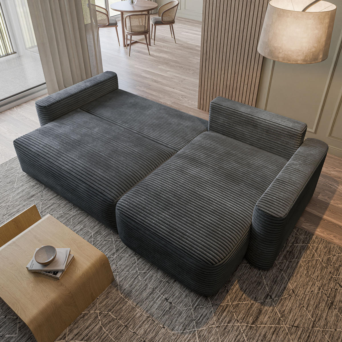 ECKSOFA NERI T Grau Kordstoff mit Schlaffunktion - Grau, Holzwerkstoff/Textil (280/157cm) - MASSENO