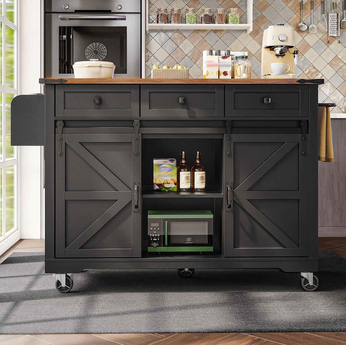 KÜCHENINSEL 140/45/94 cm Schwarz aus MDF mit klappbarer Arbeitsplatte - Schwarz, Holzwerkstoff (45/94/140cm) - OKMYHOME