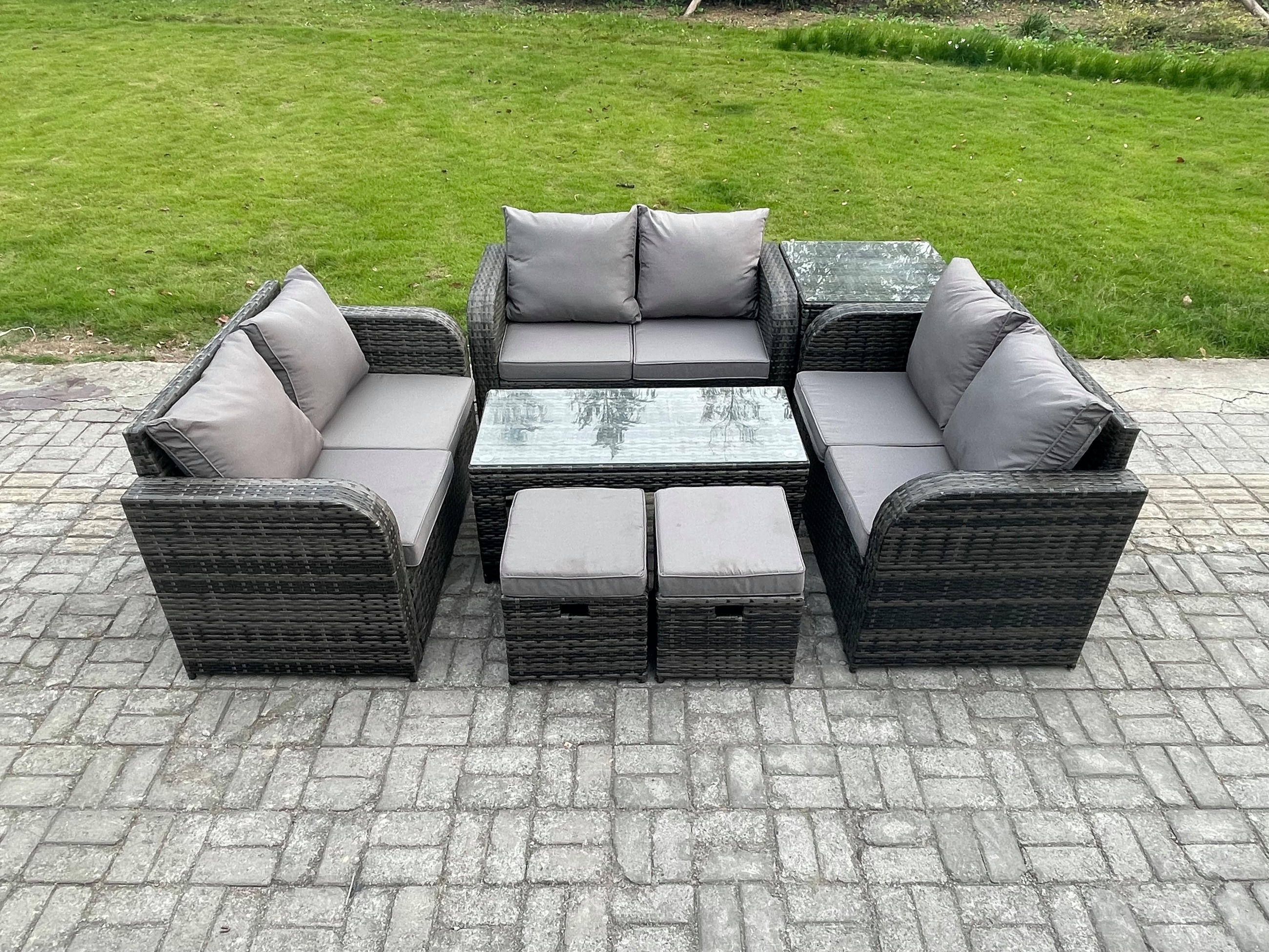 GARTENSOFA SET mit rechteckigem COUCHTISCH Polyrattan 8-Sitzer Dunkelgrau - Dunkelgrau/Grau, Glas/Kunststoff - Fimous