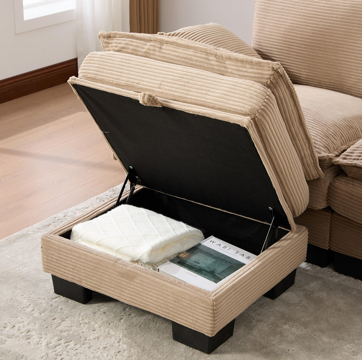 ECKSOFA aus Corduroy 190x132x84 cm in Beige mit Hocker & USB-C - Beige, Textil (132/190cm) - Modfu