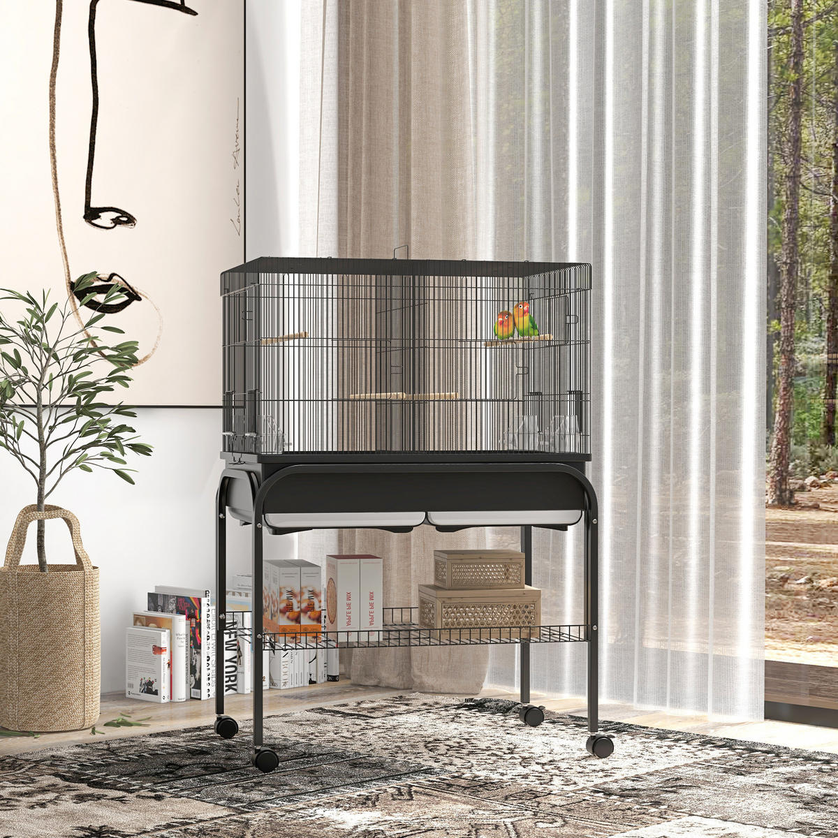 VOGELKÄFIG DE-17826 mit Trennwand & Rollen für Großpapageien Schwarz - Schwarz, Metall (49/119/85cm) - ComfortXL