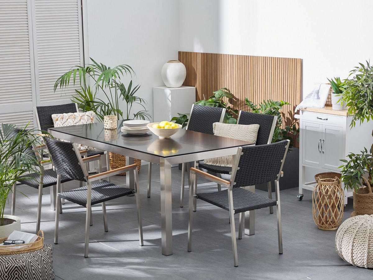 GARTENMÖBEL-SET 6-Sitzer Glasplatte schwarz Rattan schwarz Grosseto - Silberfarben/Schwarz, Glas - Beliani