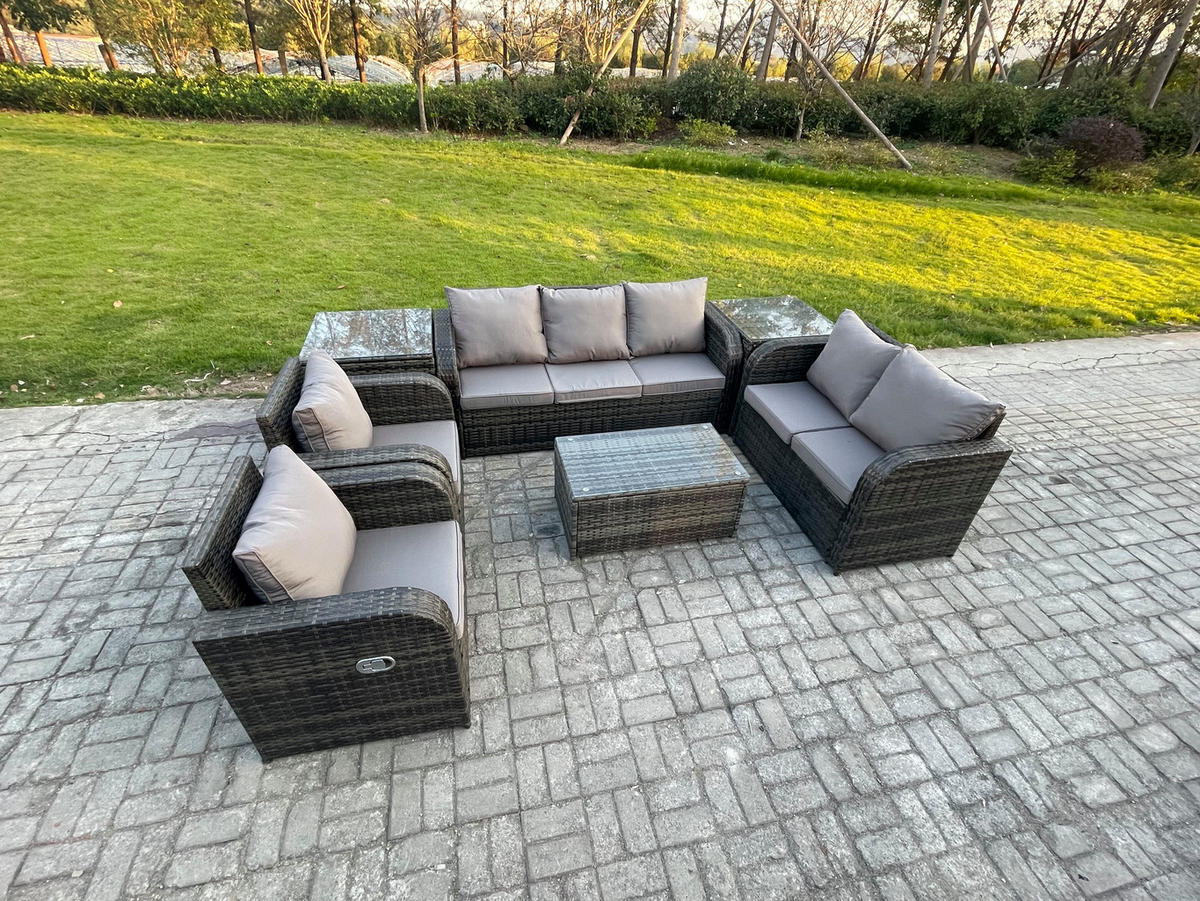 GARTENMÖBELSET mit Couchtisch Polyrattan 7-Sitzer - Dunkelgrau/Grau, Glas/Kunststoff - Fimous