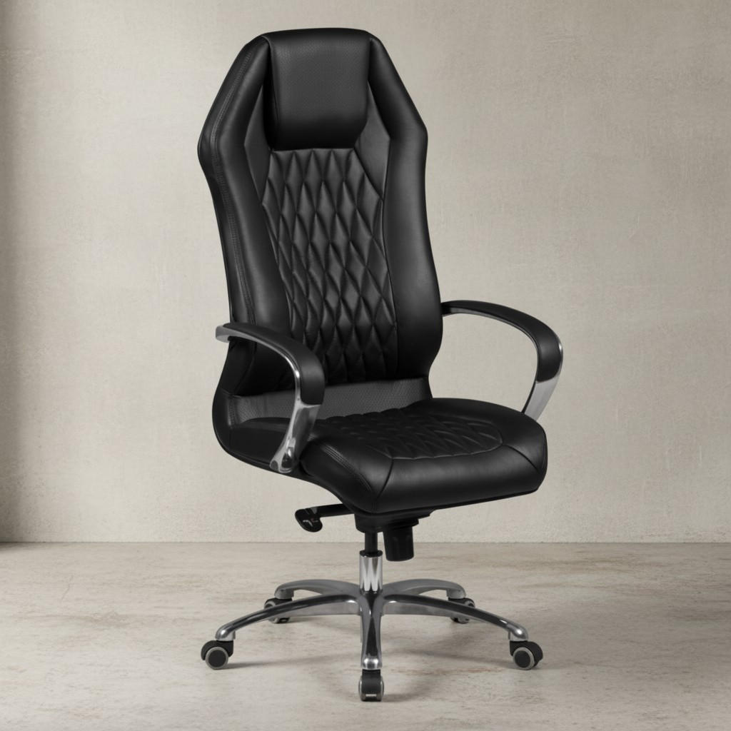 CHEFSESSEL Echtleder mit Multiblockwippmechanik, Lendenwirbelstütze und Aluminiumfußkreuz MILANO, Schwarz 70x67x136 cm - Silberfarben/Schwarz, Leder/Metall (70/136/67cm) - KADIMA DESIGN