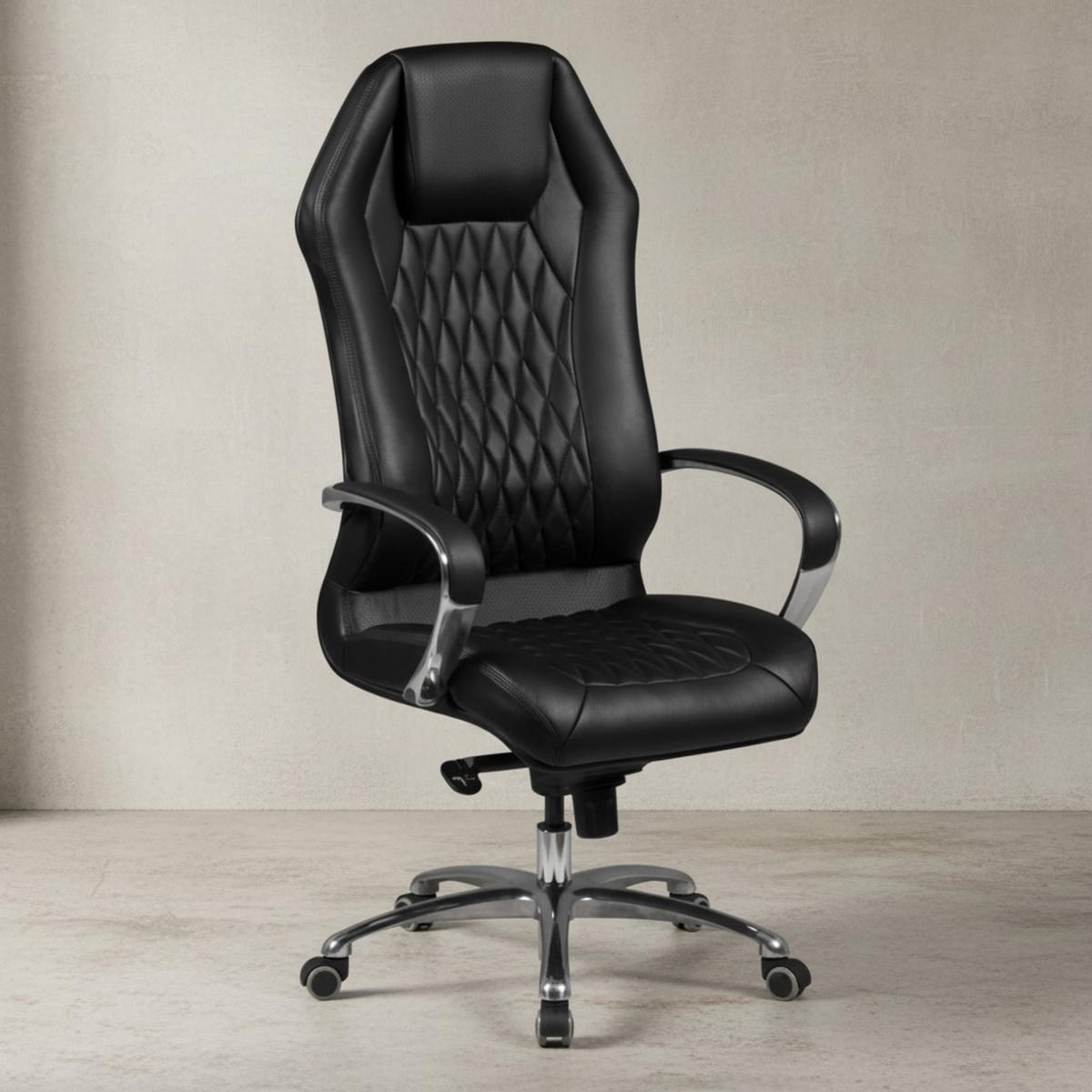 CHEFSESSEL Echtleder mit Multiblockwippmechanik, Lendenwirbelstütze und Aluminiumfußkreuz MILANO, Schwarz 70x67x136 cm - Silberfarben/Schwarz, Leder/Metall (70/136/67cm) - KADIMA DESIGN