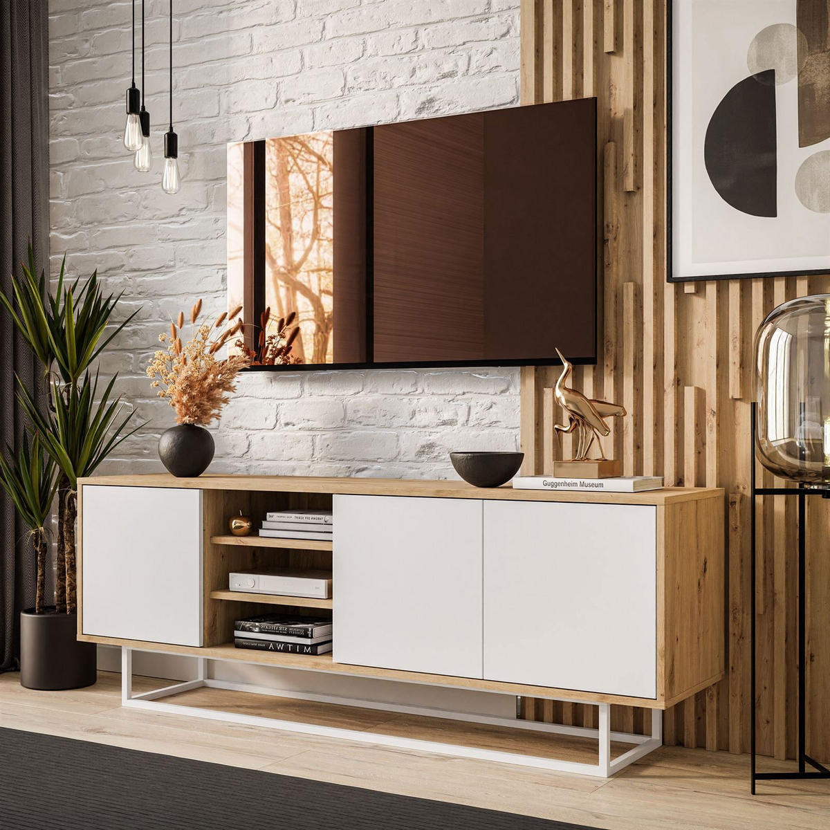 TV-ELEMENT SANAYI II mit Regalen Eiche Artisan/Weiß - Weiß, Holzwerkstoff (156/56/38cm) - Lookway