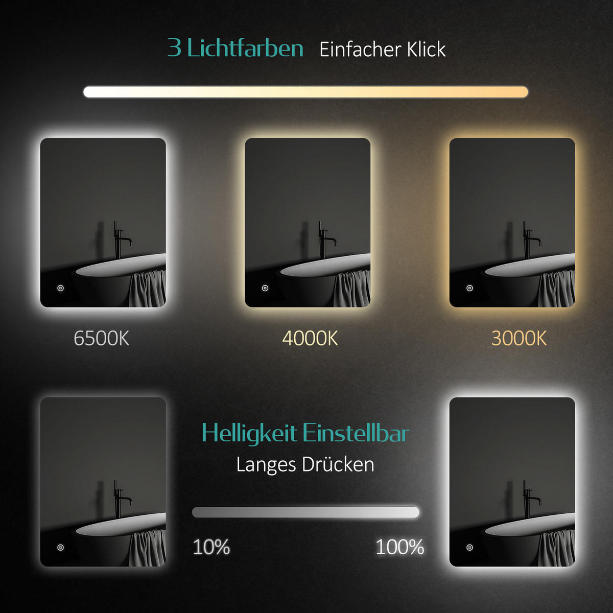 BADSPIEGEL mit Antibeschlag Touch-Bedienung Beleuchtung Rechteckig 80/60 cm - Weiß, Glas (60/3/80cm) - EMKE