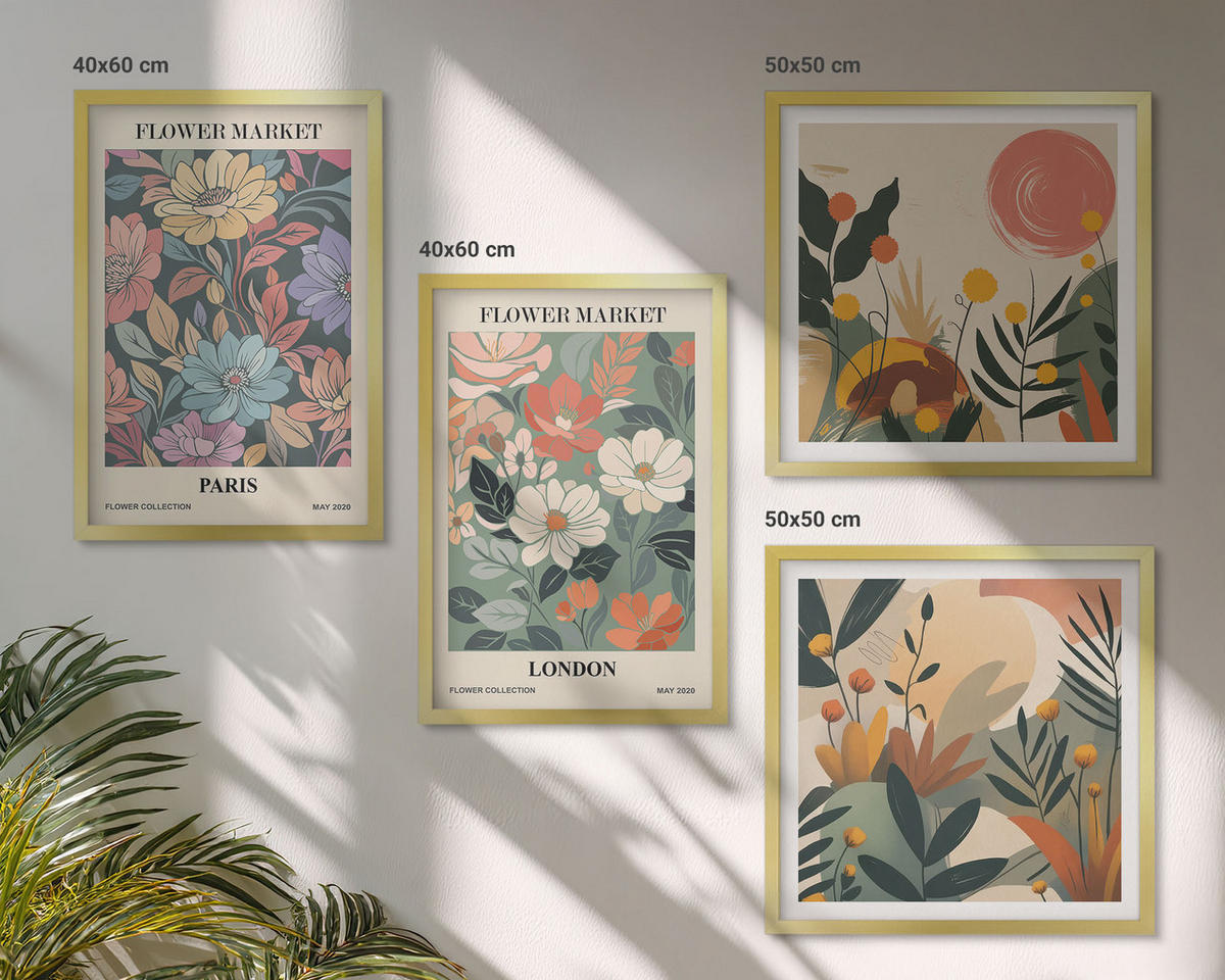 WANDBILDER 4er Set - 50x50 cm & 40x60 cm Goldrahmen - Blumenposter Paris London - Goldfarben, Kunststoff (50/50cm) - ArtPrintCave
