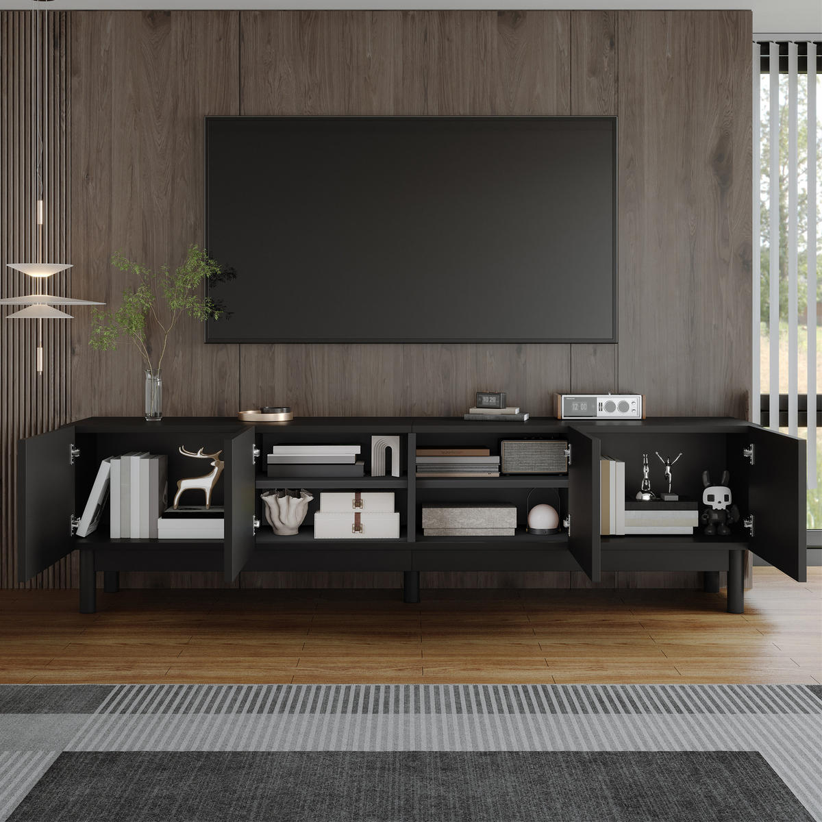 TV-LOWBOARD aus MDF und Holzwerkstoff 169x34x45,5 cm Schwarz mit 4 Türen und viel Stauraum - Schwarz, Holzwerkstoff (169/45.5/35cm) - Modfu