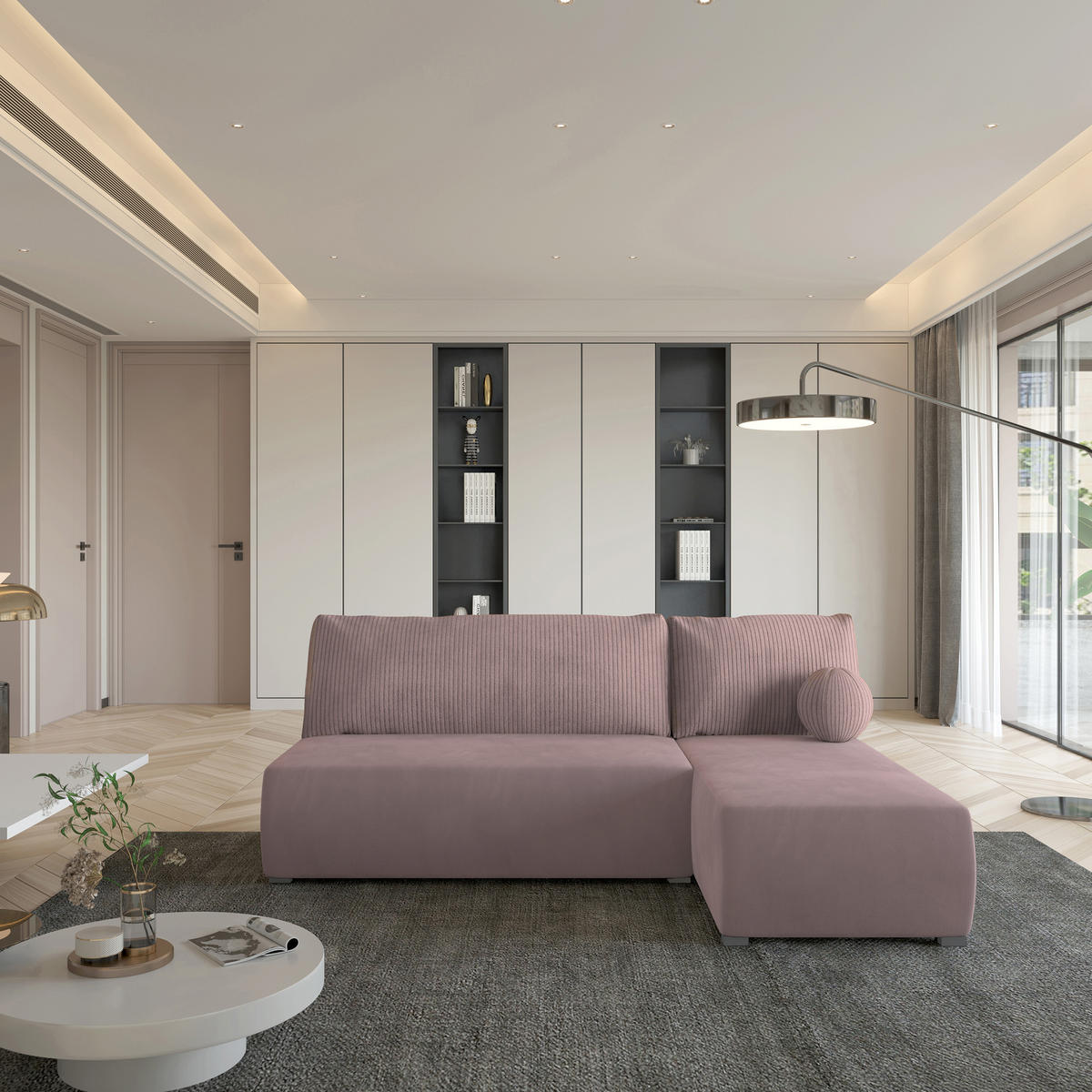 ECKSOFA PARVELO Rosa Plüsch-Stoff mit Schlaffunktion - Rosa, Holz (200/143cm) - MASSENO