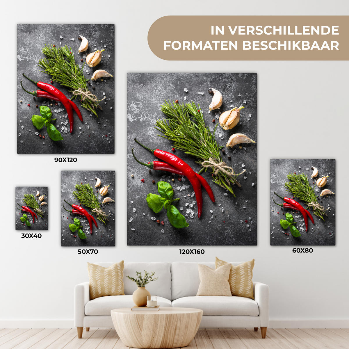 LEINWANDBILD Pfeffer - Kräuter - Gewürze - Beton 60x80 cm - Dunkelgrau, Textil (60/80cm) - MuchoWow