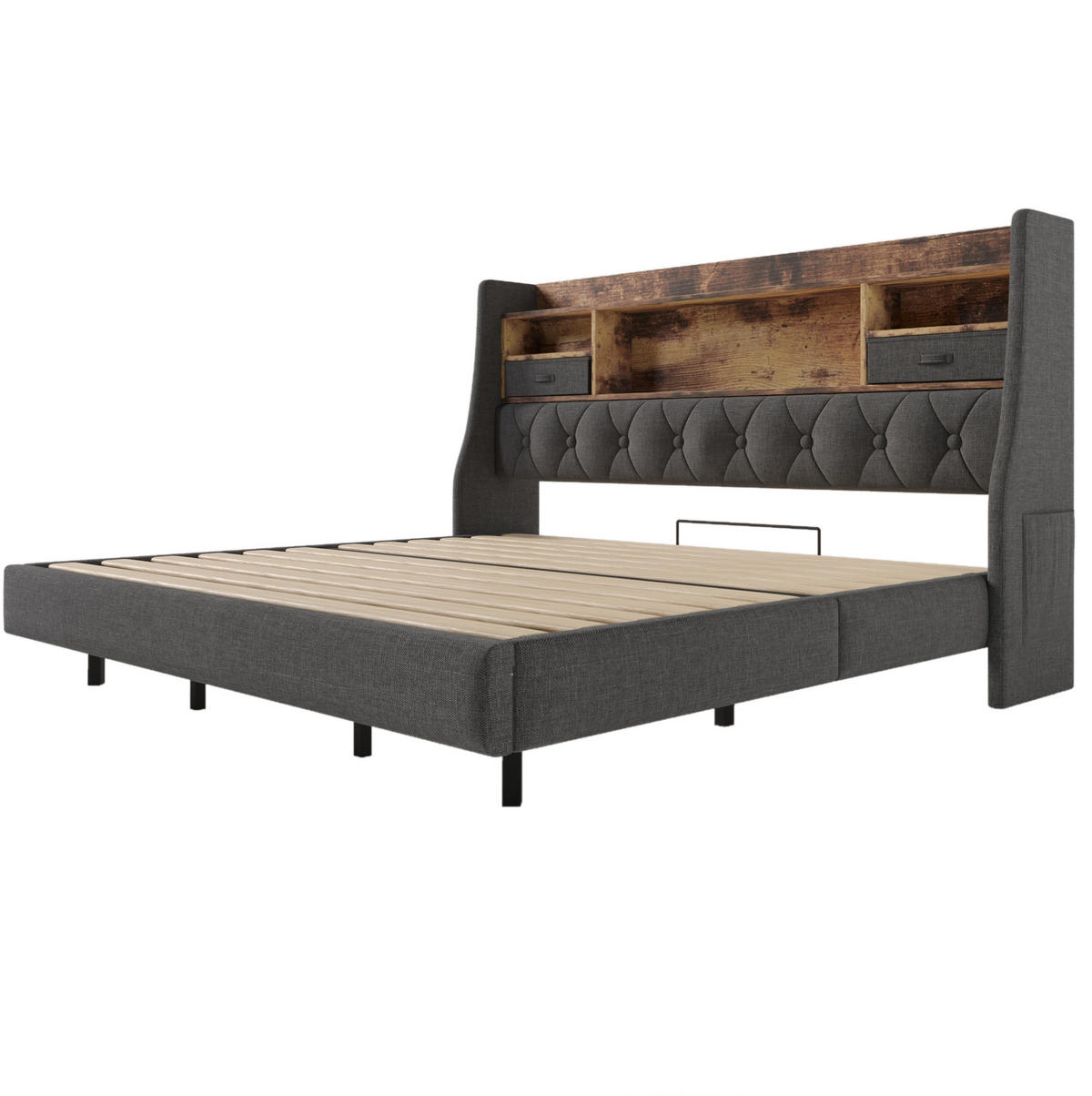 BETT mit LED und Ladestation 180x200 cm Leinen Grau - Grau, Holz (180/200cm) - Meubliv