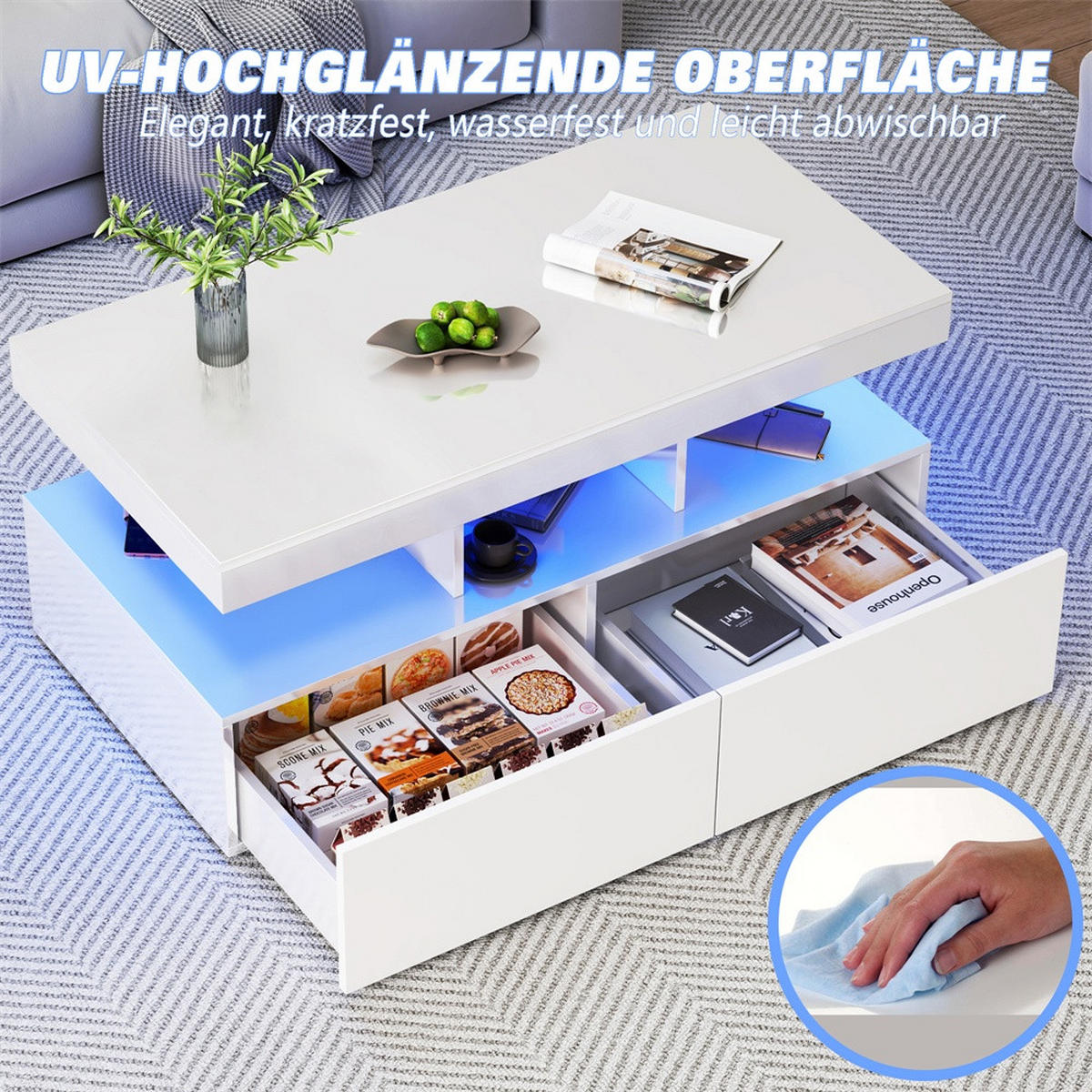 COUCHTISCH in Hochglanz-Weiß mit LED-Beleuchtung und 2 Schubladen - Weiß, Holzwerkstoff (104/53/46cm) - DELFA