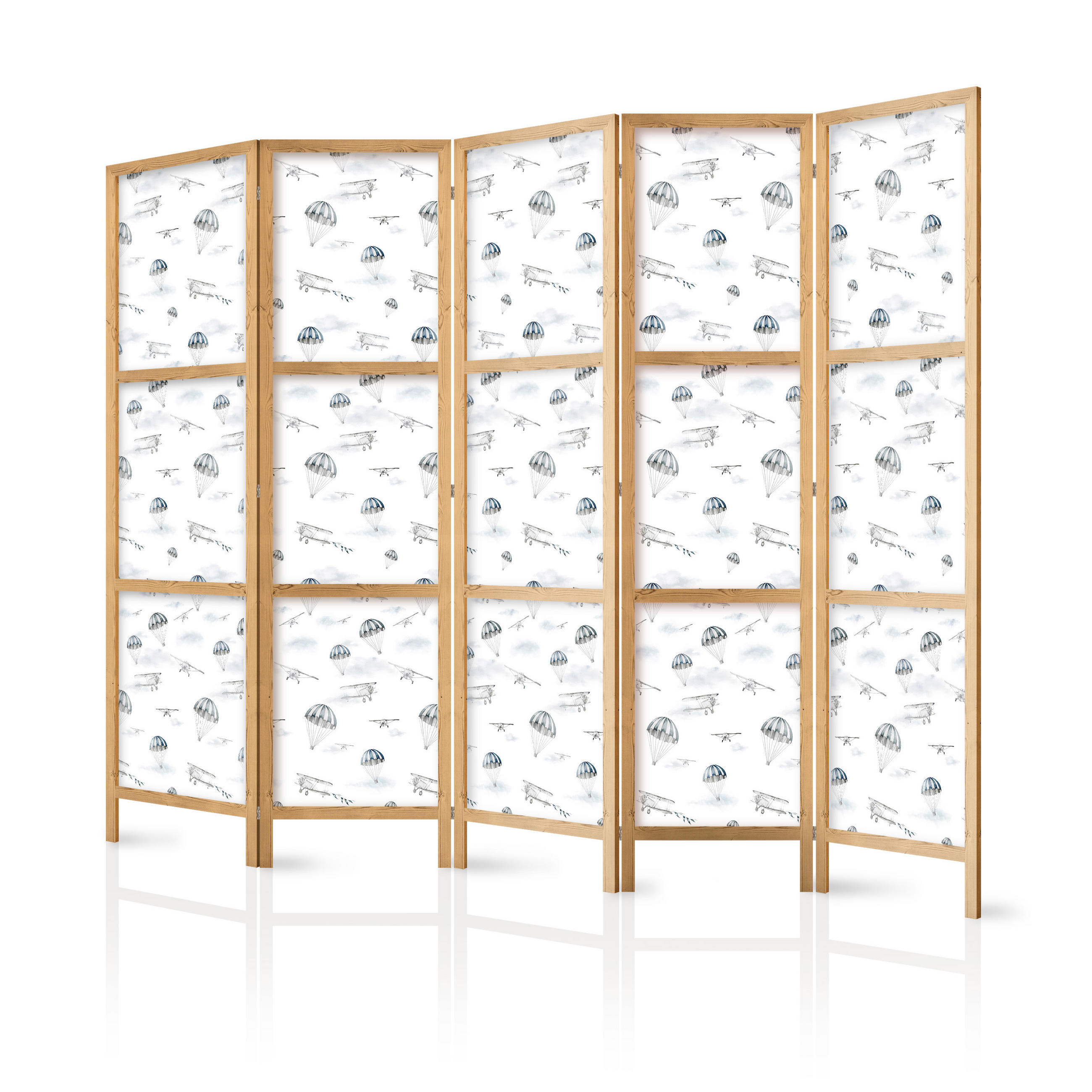 PARAVENT Japanischer 5-tlg 225x172 cm Flugzeuge Und Fallschirme - Weiß, Holz/Textil (225/172/3cm) - Muralo